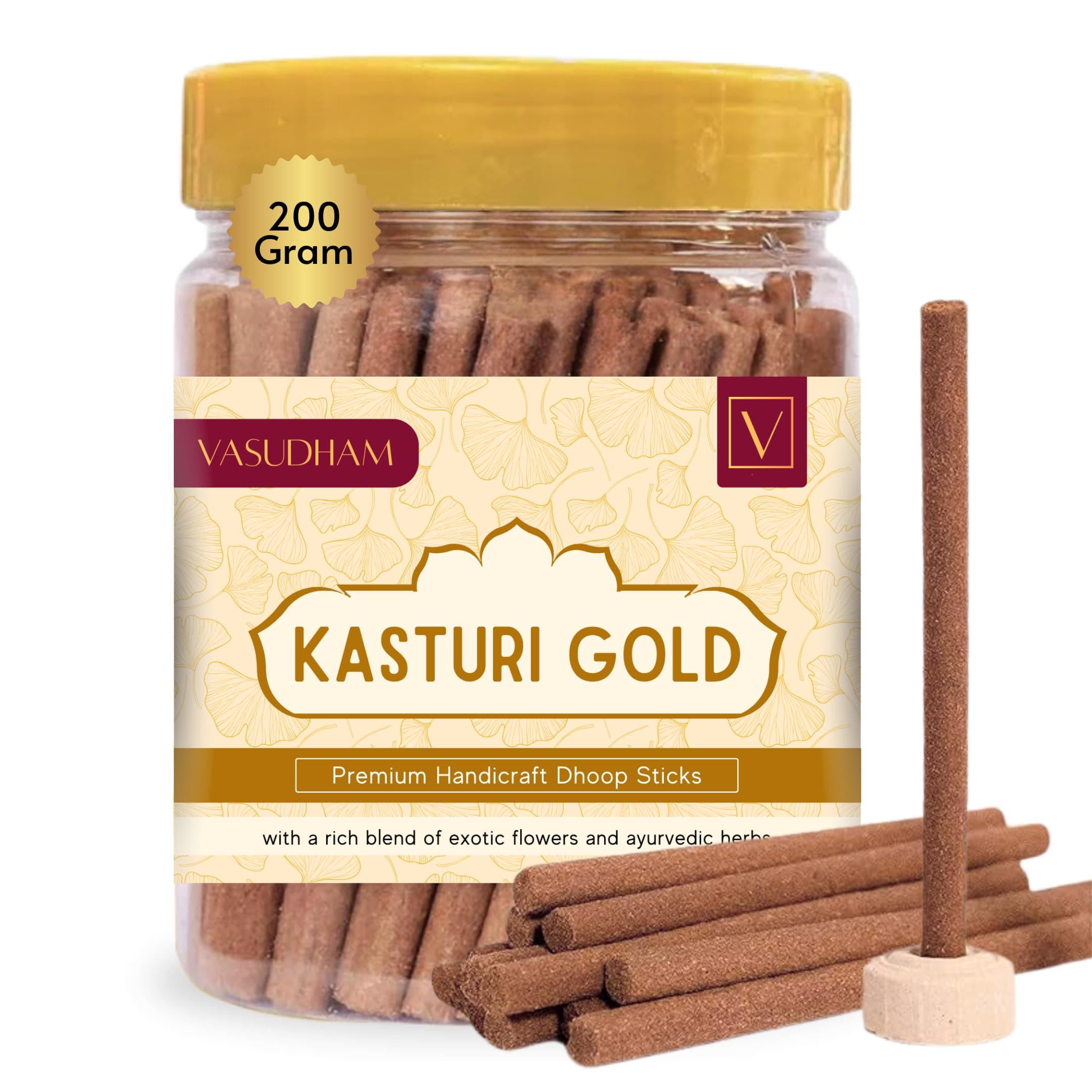 VASUDHAM Kasturi Gold Dhoop Sticks - 100% Charcoal Free Natural Incense with Long Lasting Fragrance - 200 Gm