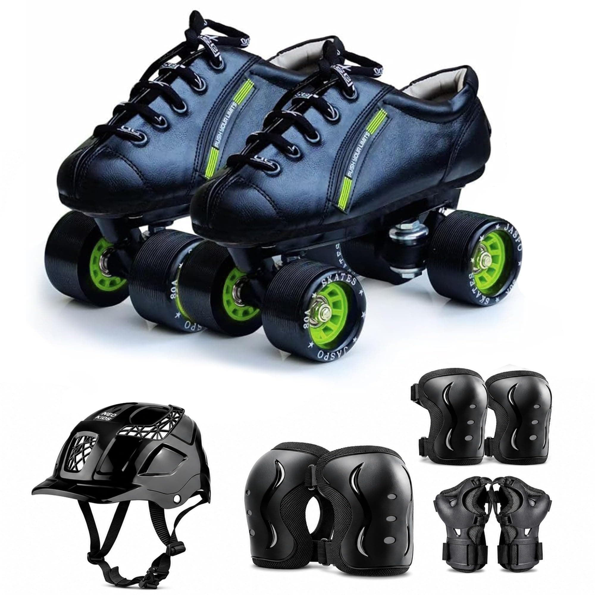 Jaspo Torque Pro Shoe Skate Combo(Shoe Skates+ Helmet+Knee+Elbow+Wrist Guards)-Polyurethane Wheels, Color-Black,(Size-3 UK(Age 9-10 yrs), Torque PRO)
