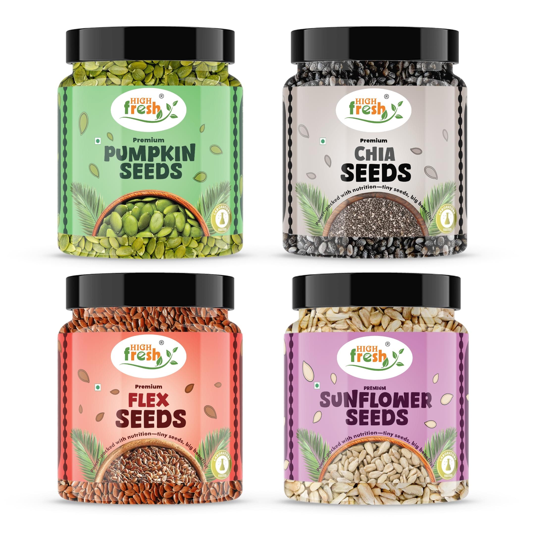 HighFresh Raw Super Seeds Combo Pack 4 x 250 GM (Total 1 KG) | Sunflower, Chia Seeds, Pumpkin Seeds, Flax Seeds | A Nutrient-Packed Power Blend for Maximum Wellness, Boosted Energy, and Pure Vitality