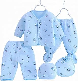 Fancy Walas Presents New Born Baby Winter Wear Printed Baby Clothes 5Pcs Sets 100% Cotton Boys Girls Unisex Baby Cotton/Winter or Flannel Suit Infant Clothes