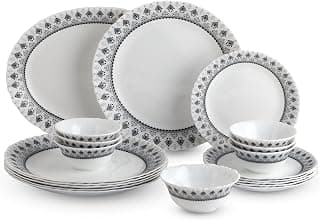 CELLO Damask Imperial Plus Series Opalware Dinner Set of 19 Pieces For Family of 6 | Bone-Ash Free & Leadfree Opal Glass Microwave & Dishwasher Safe Crockery Plates & Bowls Set For Daily Use & Gifting