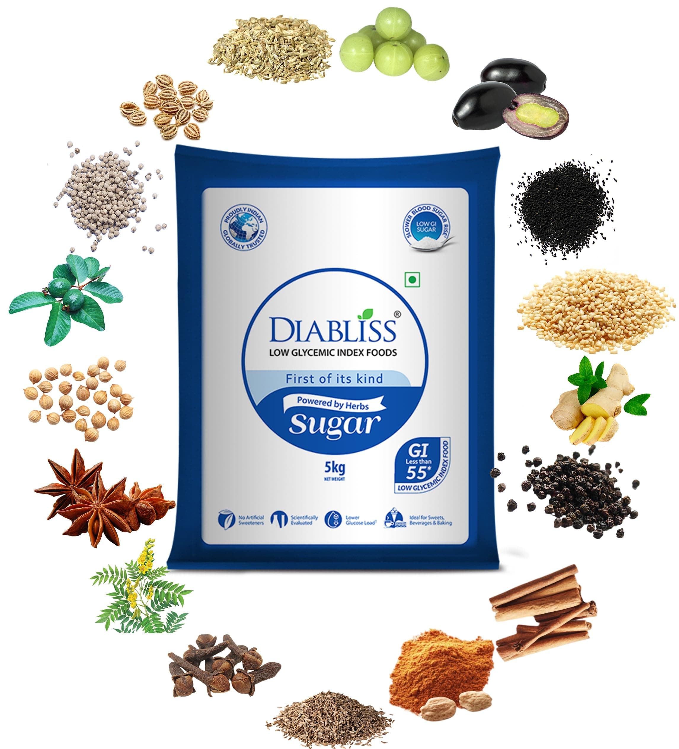 Diabliss Low GI Herbal Sugar 5kg Bag | 17-Herb Fortified Cane Sugar | Clinically Tested Low Glycemic Index | No Artificial Sweeteners | No Aftertaste | Easy 1:1 Sugar Replacement for Tea, Coffee, Cooking & Baking
