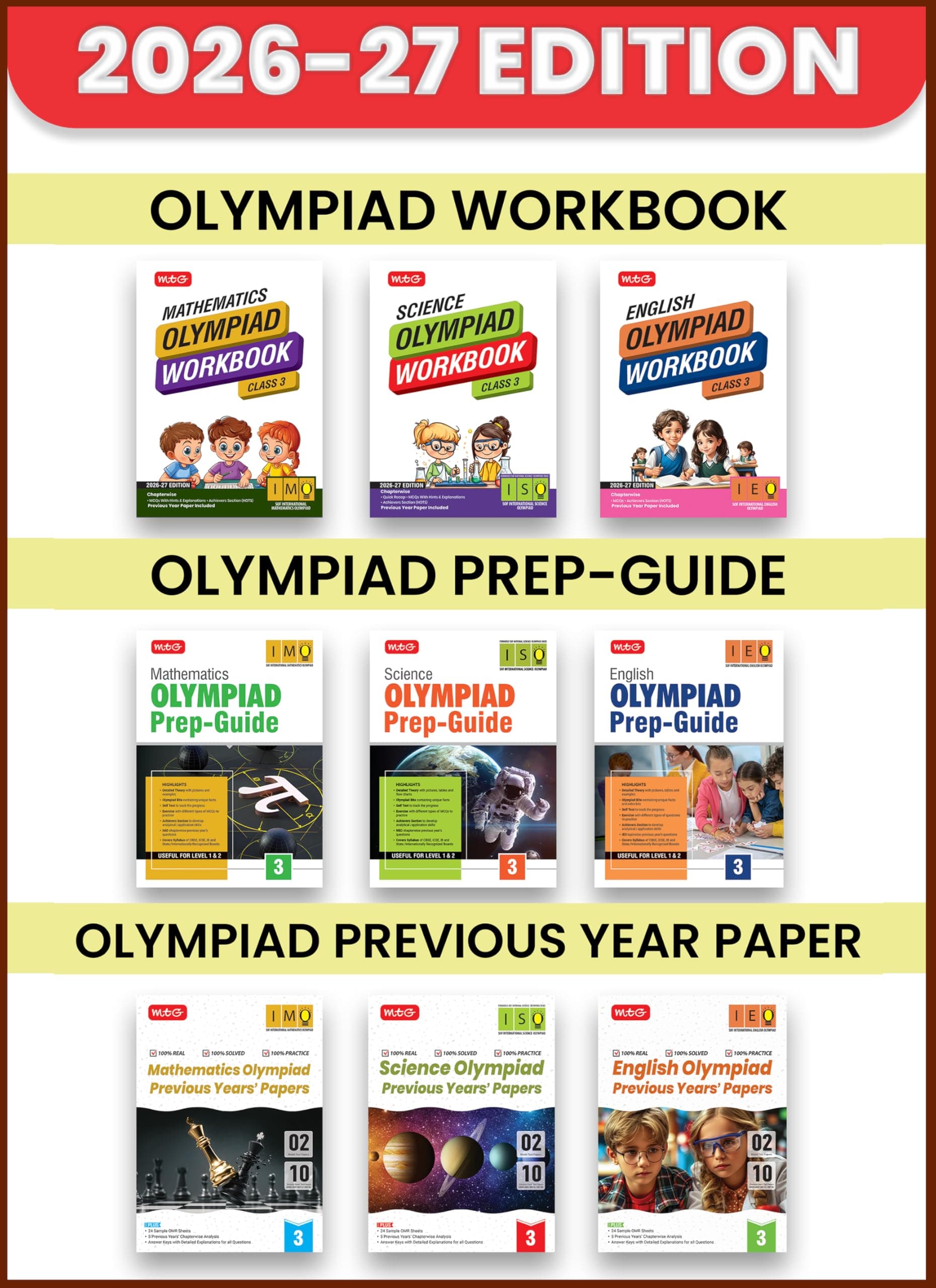 MTG Mathematics, Science, English Olympiad (IMO-ISO-IEO) Workbook, Prep Guide & Previous Years Papers Class 3 (PYQs) with Mock Test Paper - SOF Olympiad Books For 2026-27 Exam (Set of 9 Books)
