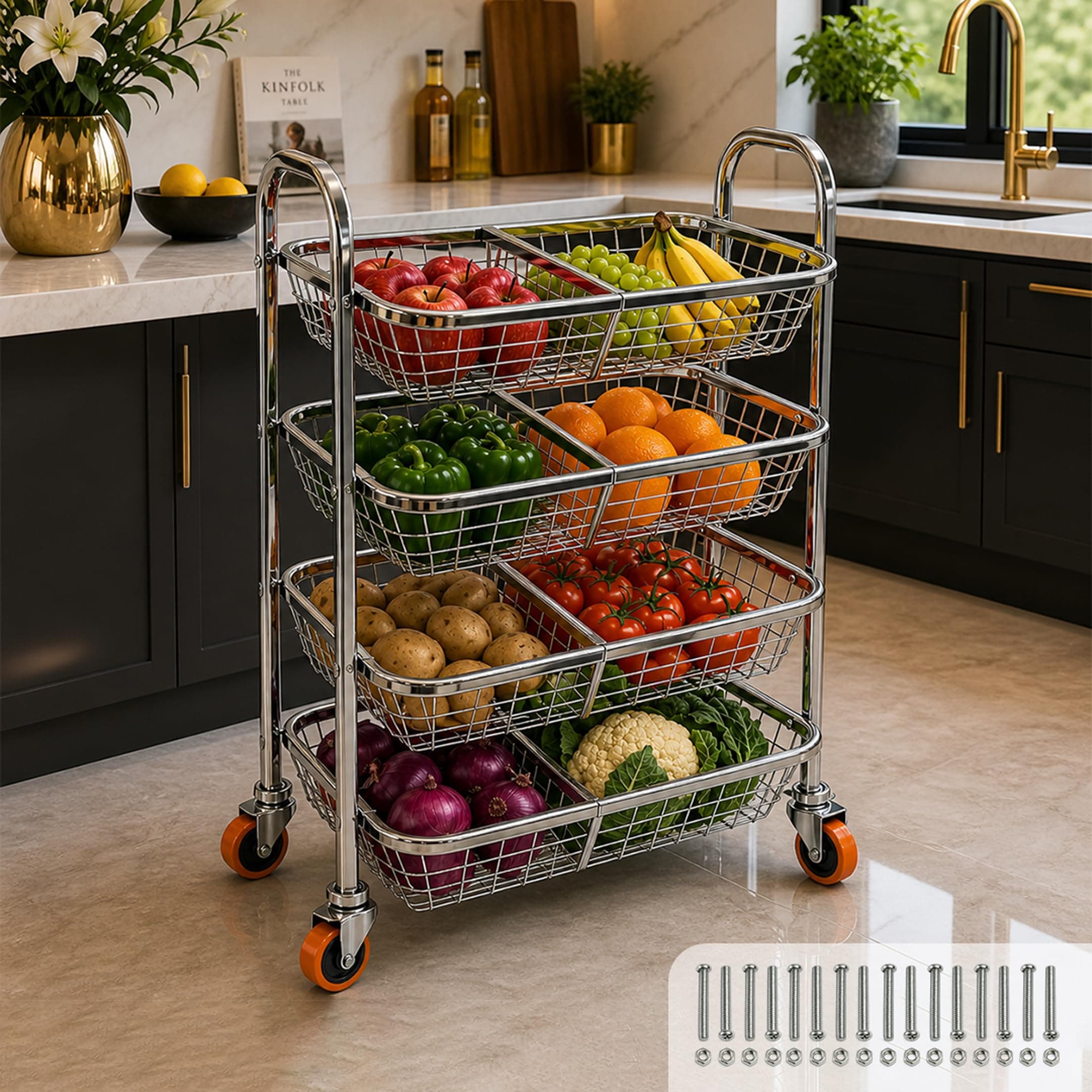 MIKANIX Stainless Steel Vegetable & Fruit Storage Rack with Wheels, Kitchen Storage Basket Organizer, Rust Proof Stand for Onion, Potato, Fruits & Vegetables Trolley (4 Rack & 8 PARTITION)