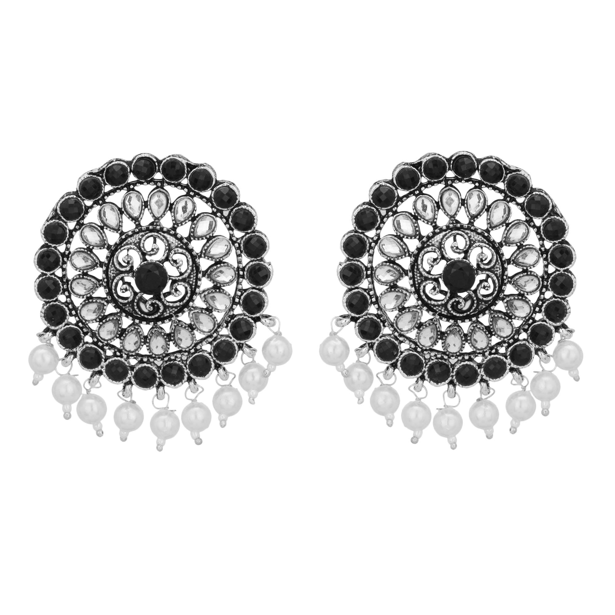 Shreyadzines Silver Oxidised Oxidized Floral Big Stud Jhumkas Jhumki Jhumka Earring with CZ Stone for Women and Girls