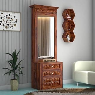 Wood Dressing Table with Mirror and Storage, Wooden Table, Drawer, Bedroom Furniture, Makeup Vanity Table, Honey Finish, Brown