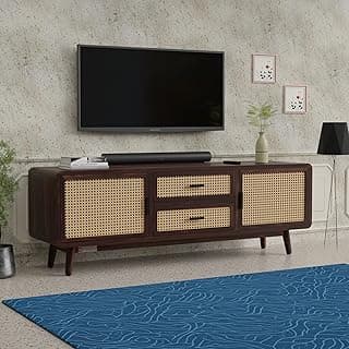 DRIFTINGWOOD Amber Solid Sheesham Wood Modern Rattan TV Console for Upto 65 Inch TV, Boho Entertainment Center with 4 Storage Compartments (2 Drawers, 2 Cabinets), Walnut Finish