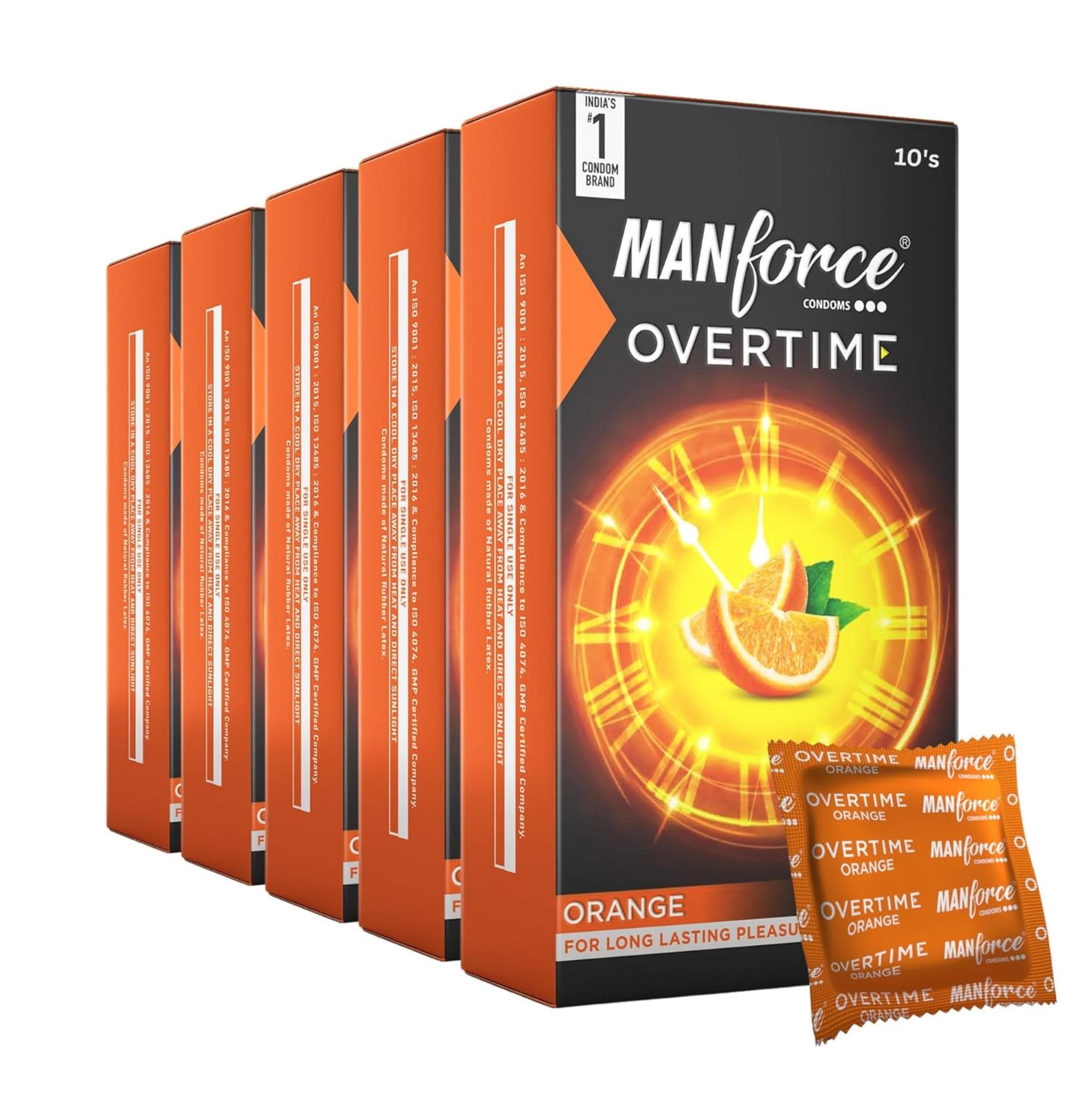 Manforce Overtime Orange Flavoured Condoms for Men| 50 Count (Pack of 5)| Extra Dotted for Extra Stimulation| Long-Lasting Pleasure