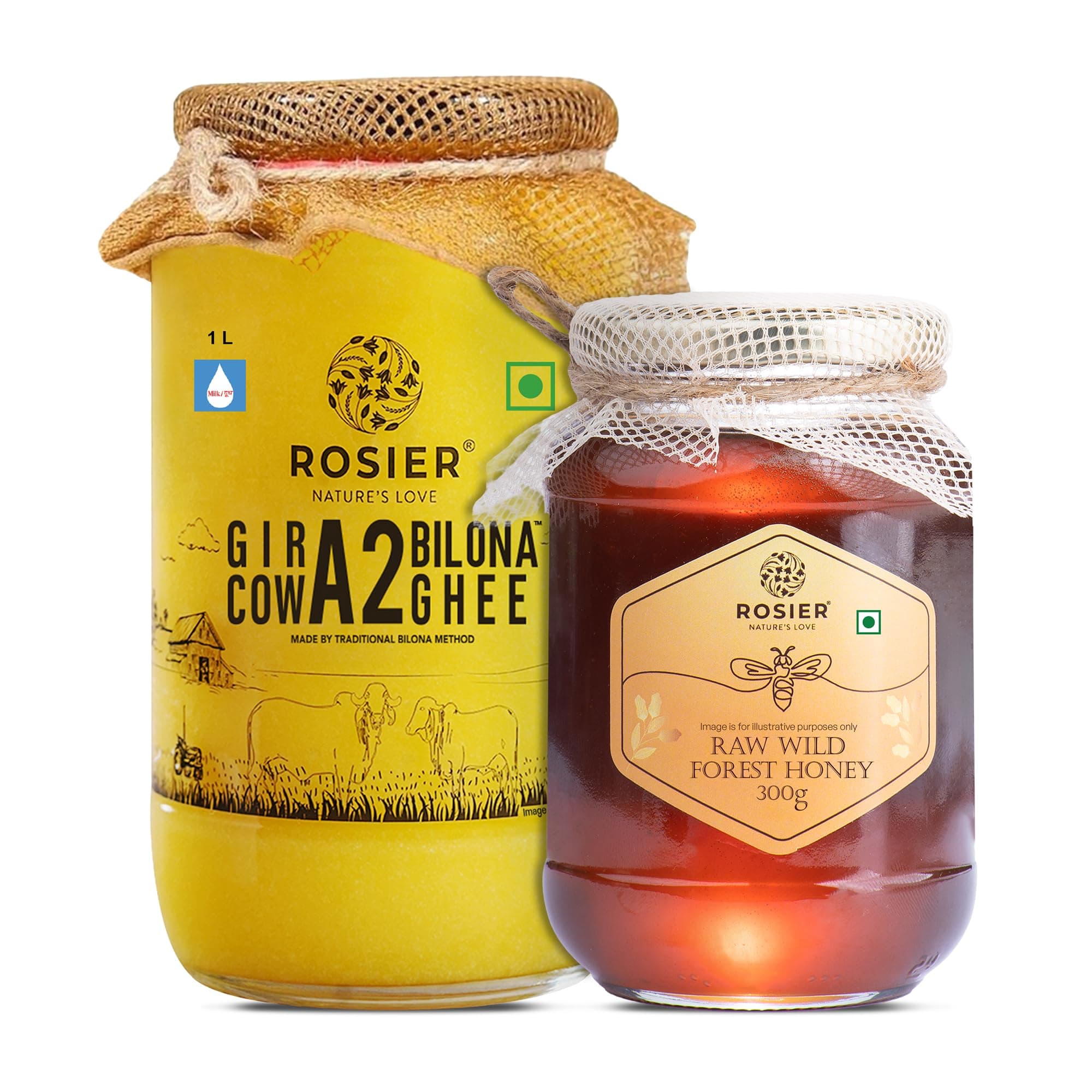 ROSIER A2 Pure Gir Cow Ghee | (1L Ghee + 300gm Honey) | Traditional Bilona Method A2 Cow Ghee | Wild Forest Himalayan Honey | Grassfed, Pure and Healthy Desi Cow Ghee | Combo Pack (Pack of 2)