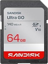 SanDisk 64GB Ultra Go SD Card UHS-I, Up to 140MB/s Read Speed, Full HD Video Recording, Memory Card for DSLR and Mirrorless Camera, 10-Year Warranty