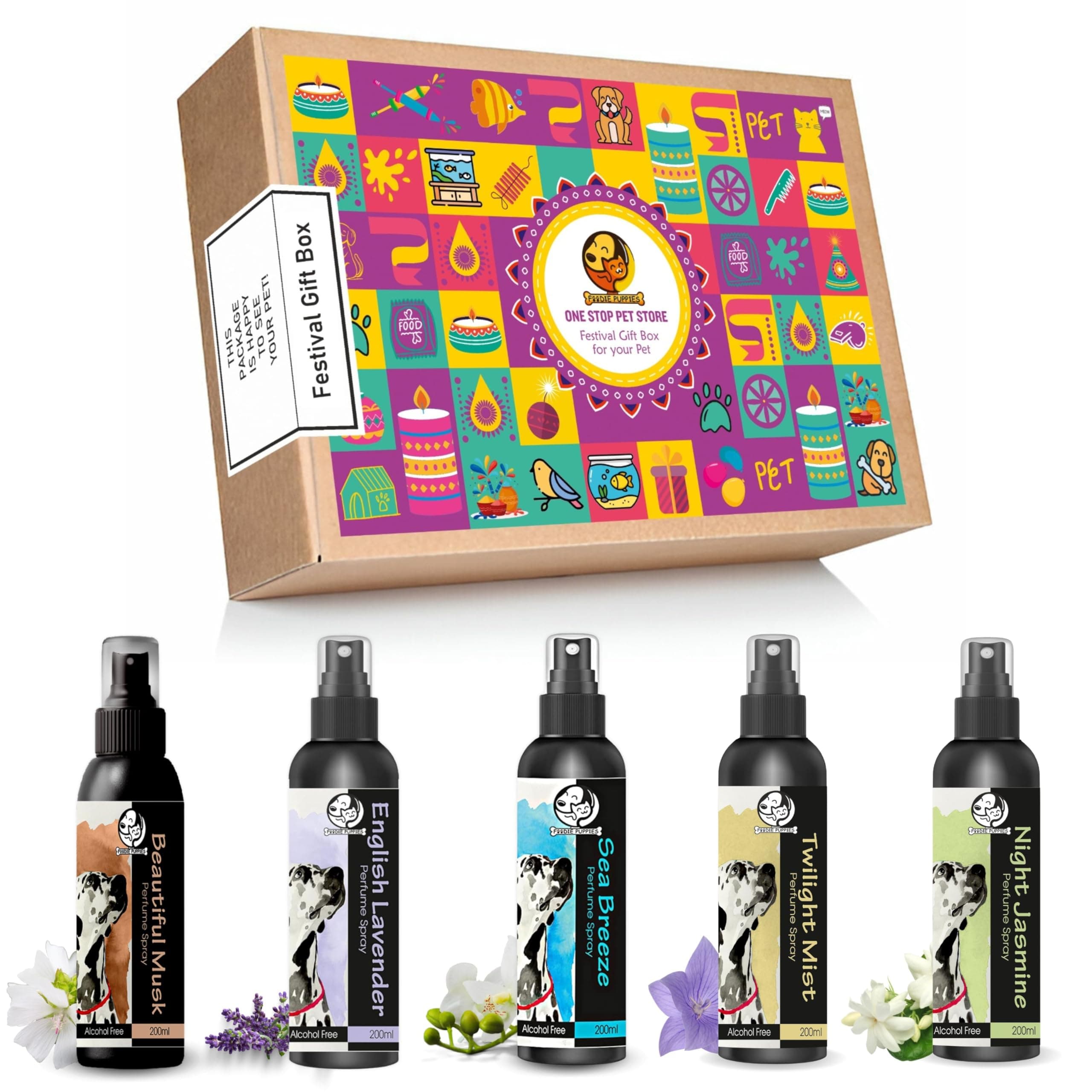 Foodie Puppies 5 in1 Perfume Combo Festival Gift Box for Dogs & Puppies - 200ml Each | Beautiful Musk + Sea Breeze + English Lavender + Night Jasmine + Twilight Mist | Extract of Lavender & Aloe-Vera