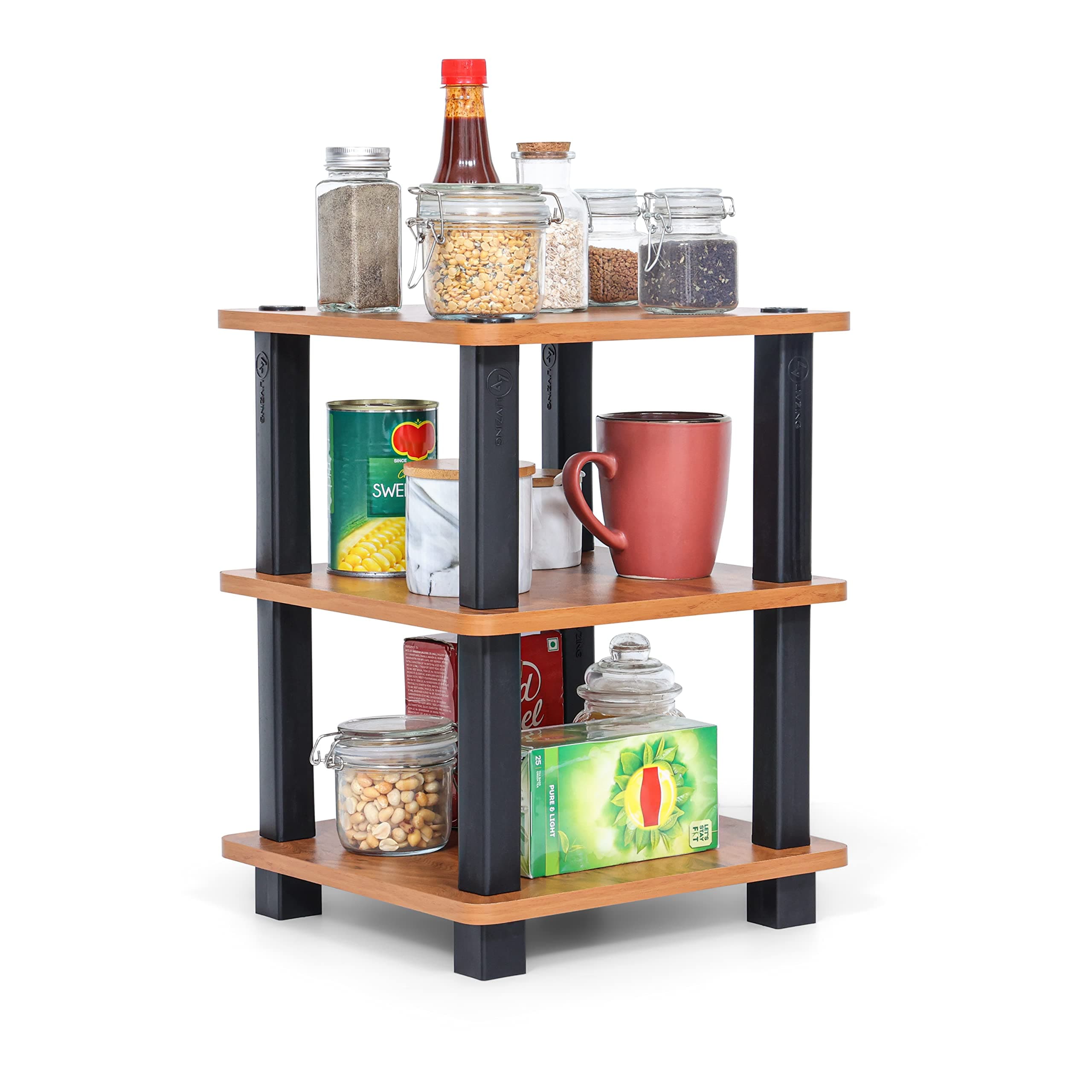 Livzing Turn N Tube 3 Tier Wooden Spice Rack - Countertop Storage for Kitchen Shelves - Bedside Table for Living Room, Bedroom - End Sofa Table - Multipurpose Storage Shelves