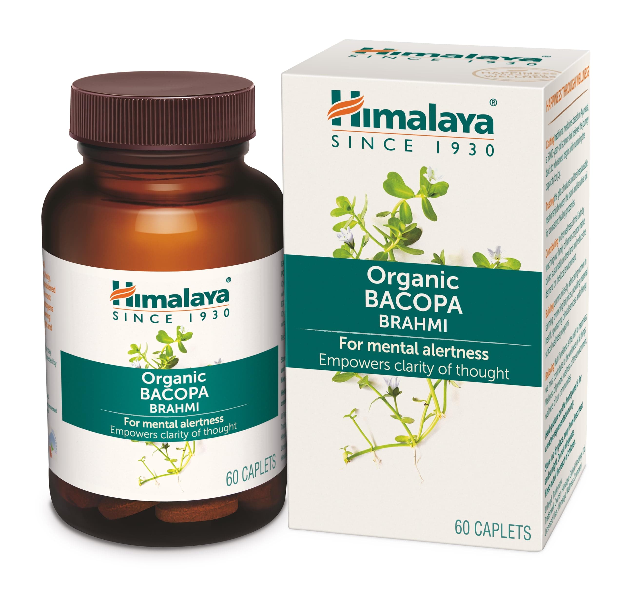 Himalaya Organic Brahmi (Bacopa) I For Mental Alertness I Improves Memory Score by 30% I Supports Positive Mood I 100% Natural I 60 Veg Caplets,1 Count