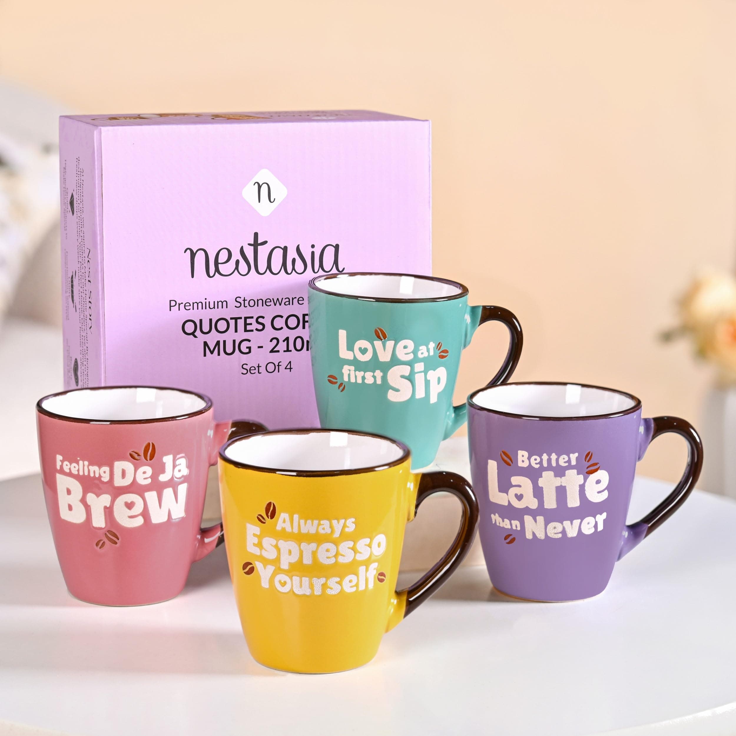 Nestasia Ceramic Coffee Mugs Set of 4 (210ml Each) - Quirky Quotes Tea & Coffee Cups with Glossy Finish | Microwave & Dishwasher Safe Cups - Ideal for Gifting