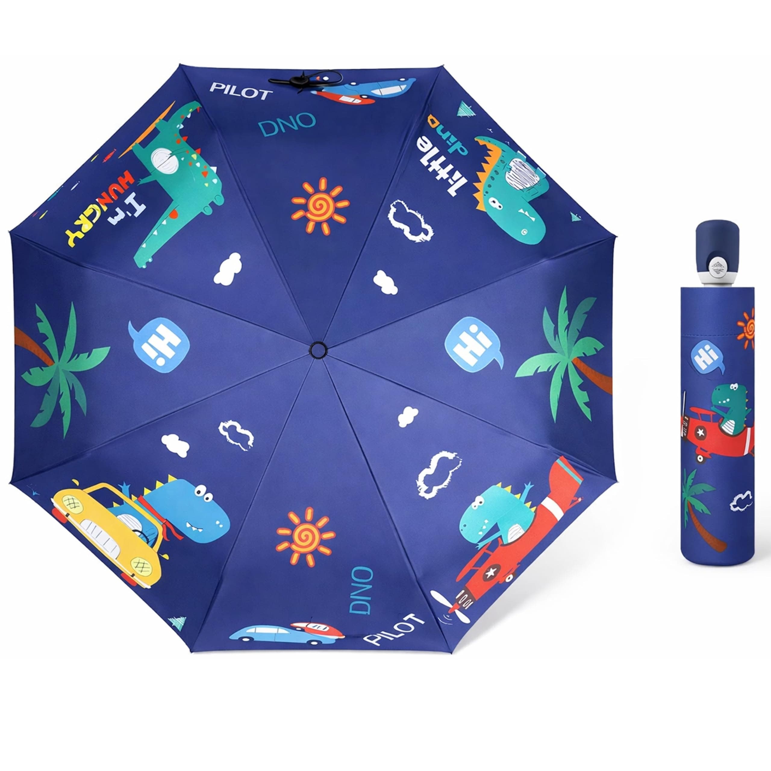 Contacts Kids Folding Umbrella with UV Protection Black Coating, Cartoon Dino Print Compact Travel Umbrella, Windproof Waterproof 3 Fold Rain & Sun Umbrella for Boys Girls Lightweight School Umbrella