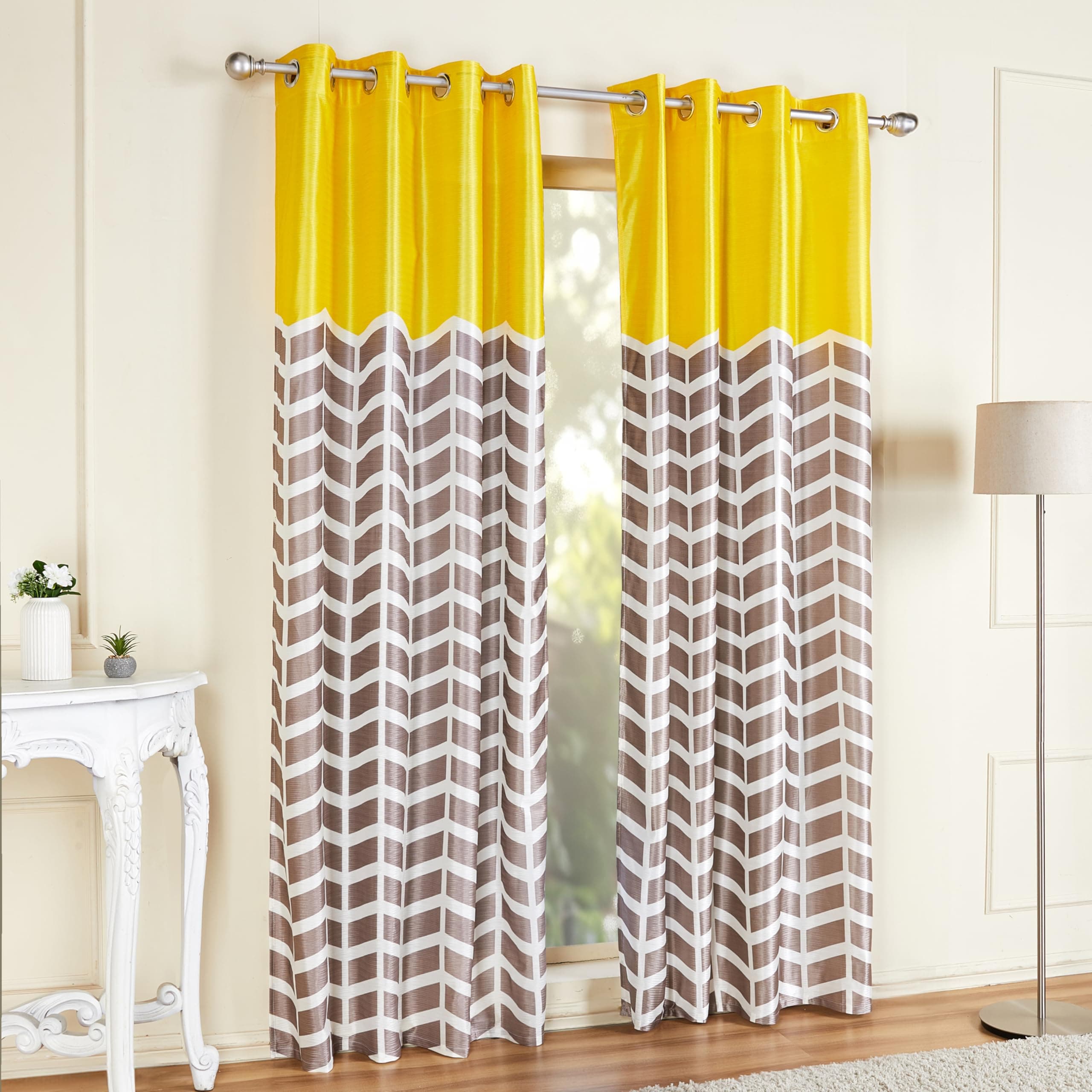 Amazon Brand - Solimo Polyester 75% Blackout Striped Print Door Curtains|Blackout Door Curtains|7 Feet|Set of 2|Striped Print Design |for Living Room Kids Room and Bedroom |Yellow|Light-Filtering