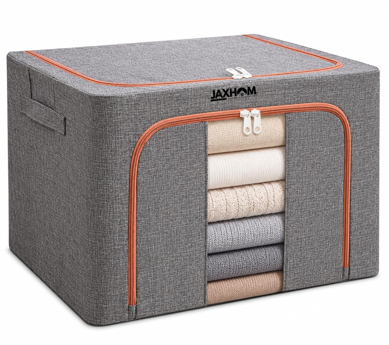 JAXHOM Foldable Clothes Storage Box with Metal Frame & Transparent Window | Stackable Storage Organizer for Wardrobe | Collapsible | With Zipper & Handles (15.75 X 11.8 X 7.87 Inch) (Grey)