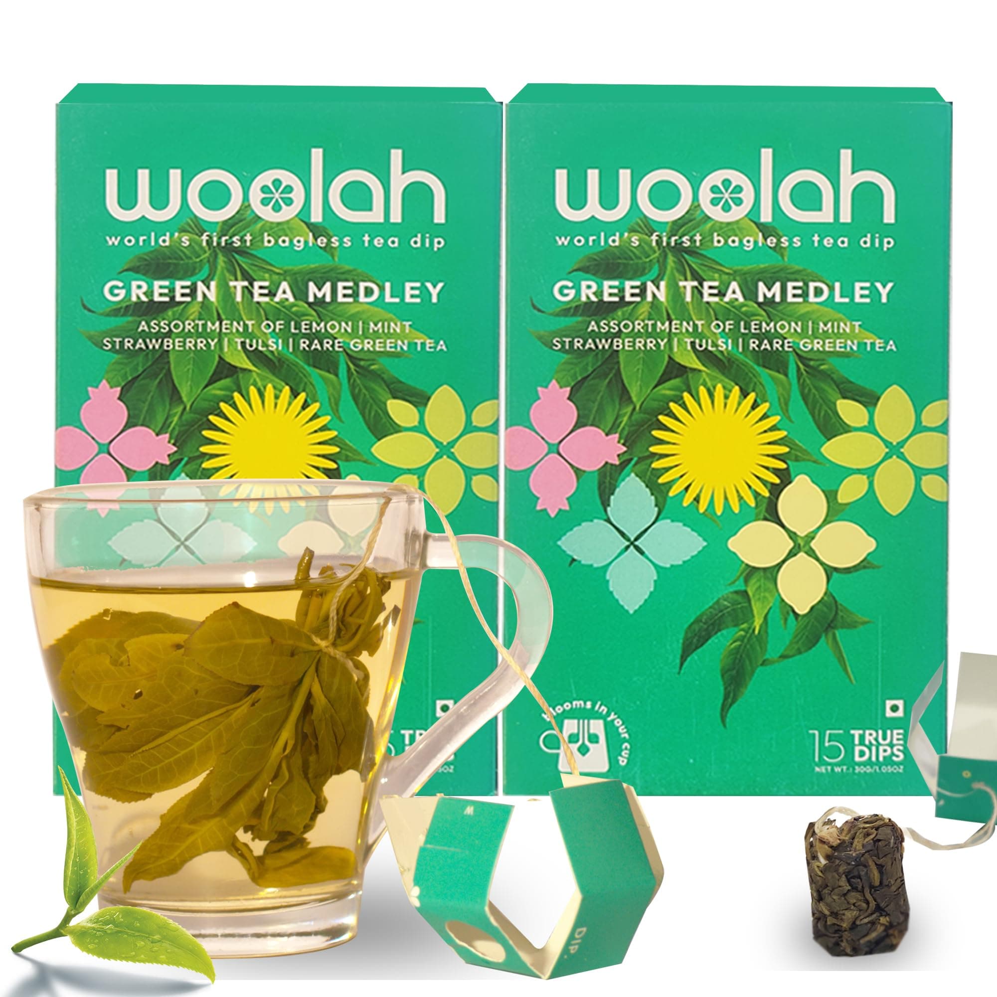 Woolah Green Tea Assortment Pack, Organic Bagless Tea Dip (2 Packs = 30 Dips /60 Cups) 100% Plastic Free, Natural Whole Leaf, High Antioxidants Supports Weight Management, Skin And Heart Health