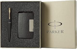 Parker Gift Set Frontier Matte Black Gold Trim Roller Ball Pen With Card Holder | 1 Pen + 1 Card Holder| Ink Color - Blue | Perfect For Employees | Unique Gifts For Entrepreneurs