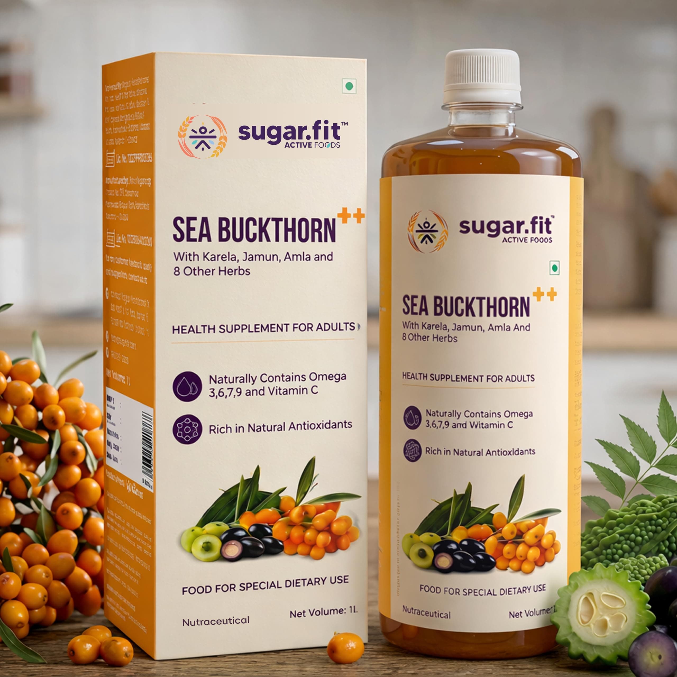 Sugar.fit Himalayan Sea Buckthorn Juice 1000ml with 13 Herbs | For Immunity, Skin Glow & Gut Health | Cold-Pressed Berry Pulp Concentrate with Amla, Karela, Jamun | Natural Vitamin C, Omega 3-6-7-9