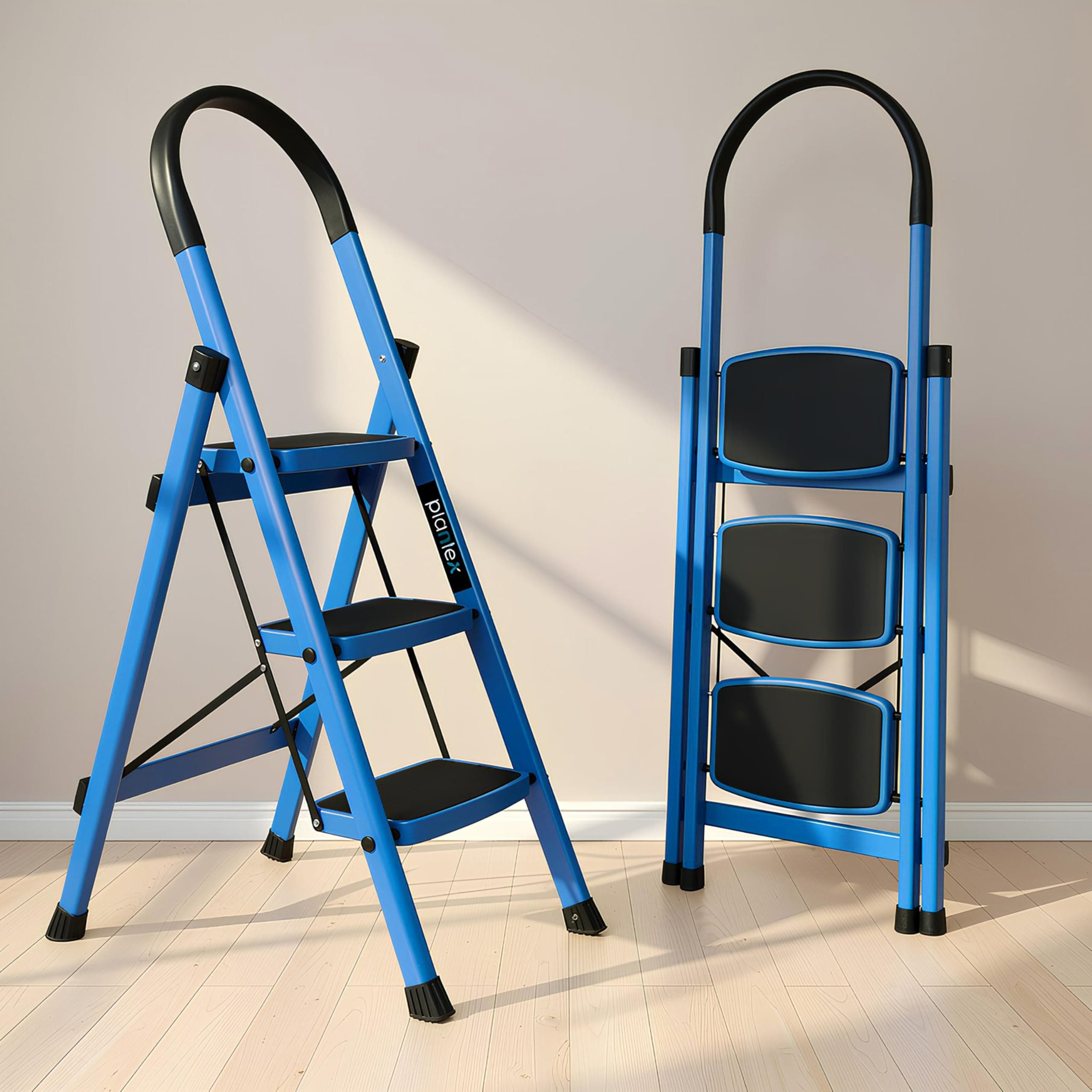 Plantex Premium 3 Step Steel Ladder for Home/Heavy Duty Foldable Stool with Wide Anti-Skid Steps/Portable Multipurpose Ladder/5 Year Warranty (Blue & Black)