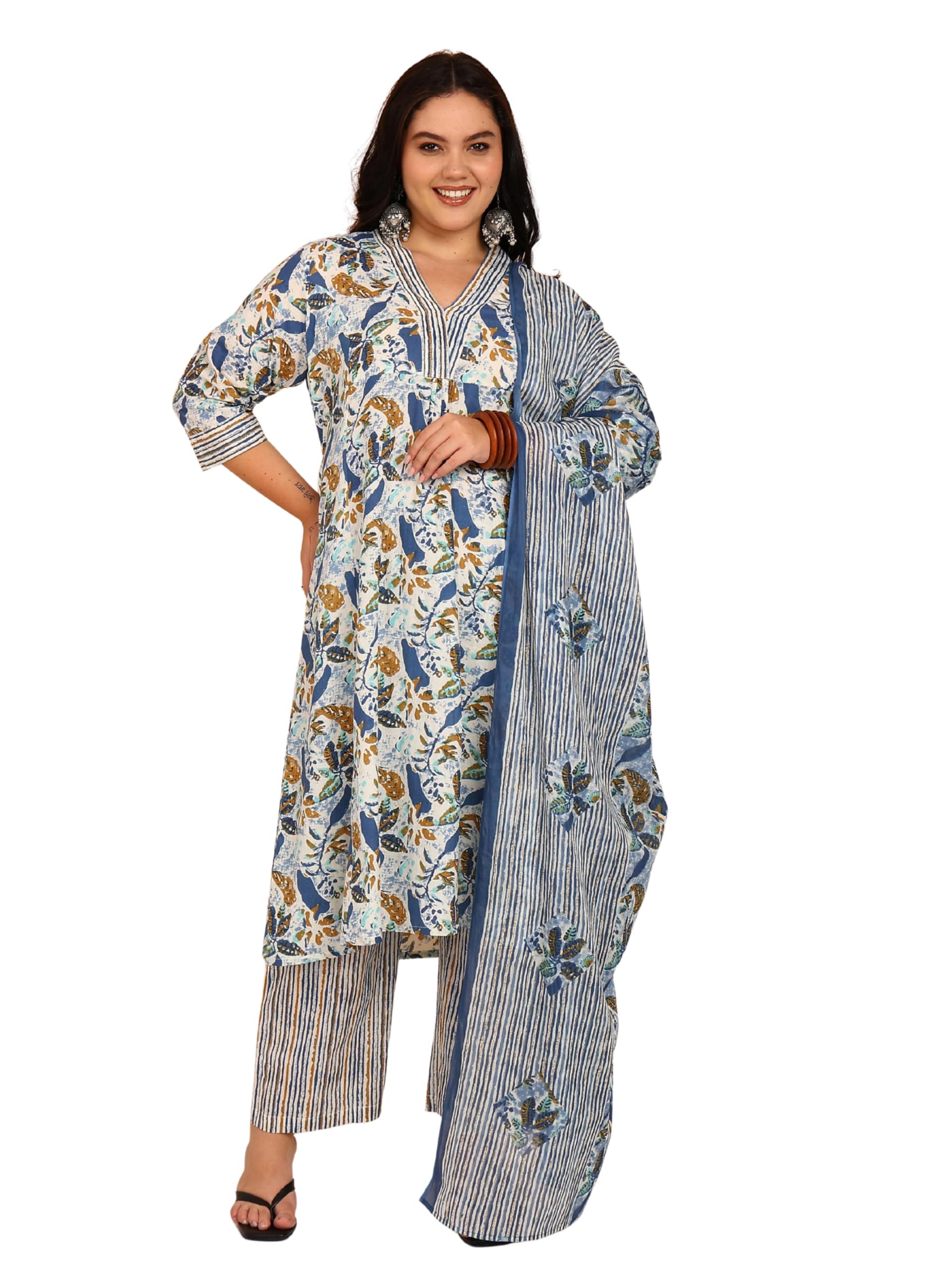 Yash Gallery Women’s Pure Cotton A-line Floral Print Kurta with Striped Pant & Dupatta V-Neck, 3/4 Sleeves