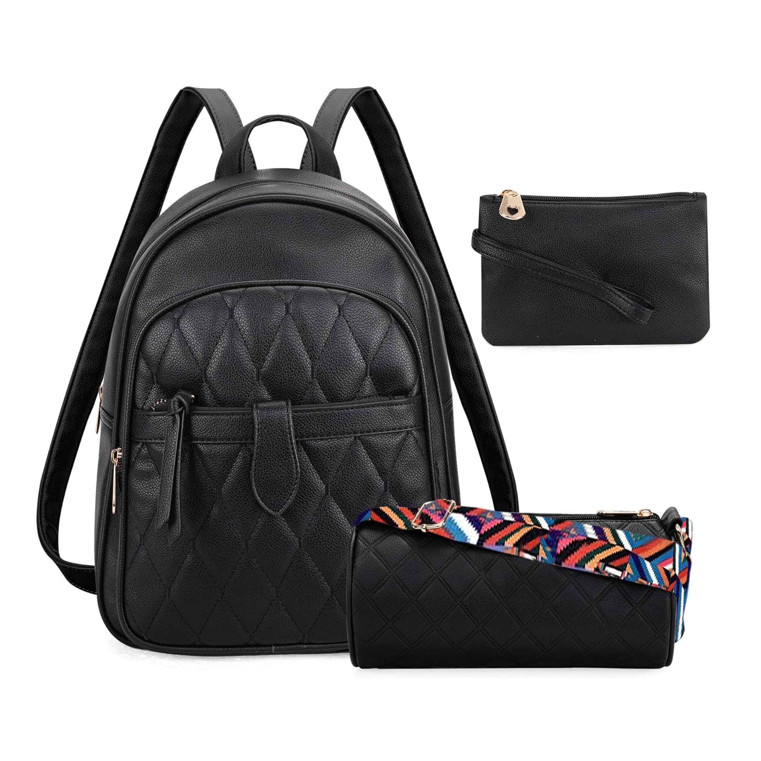 Comfabie women's quilted backpack set, 3 pieces, with matching crossbody bag and wristlet pouch, college bags, office, work, travel, casual daypacks, handbags, purses & clutches Rakhi Gift for Sister