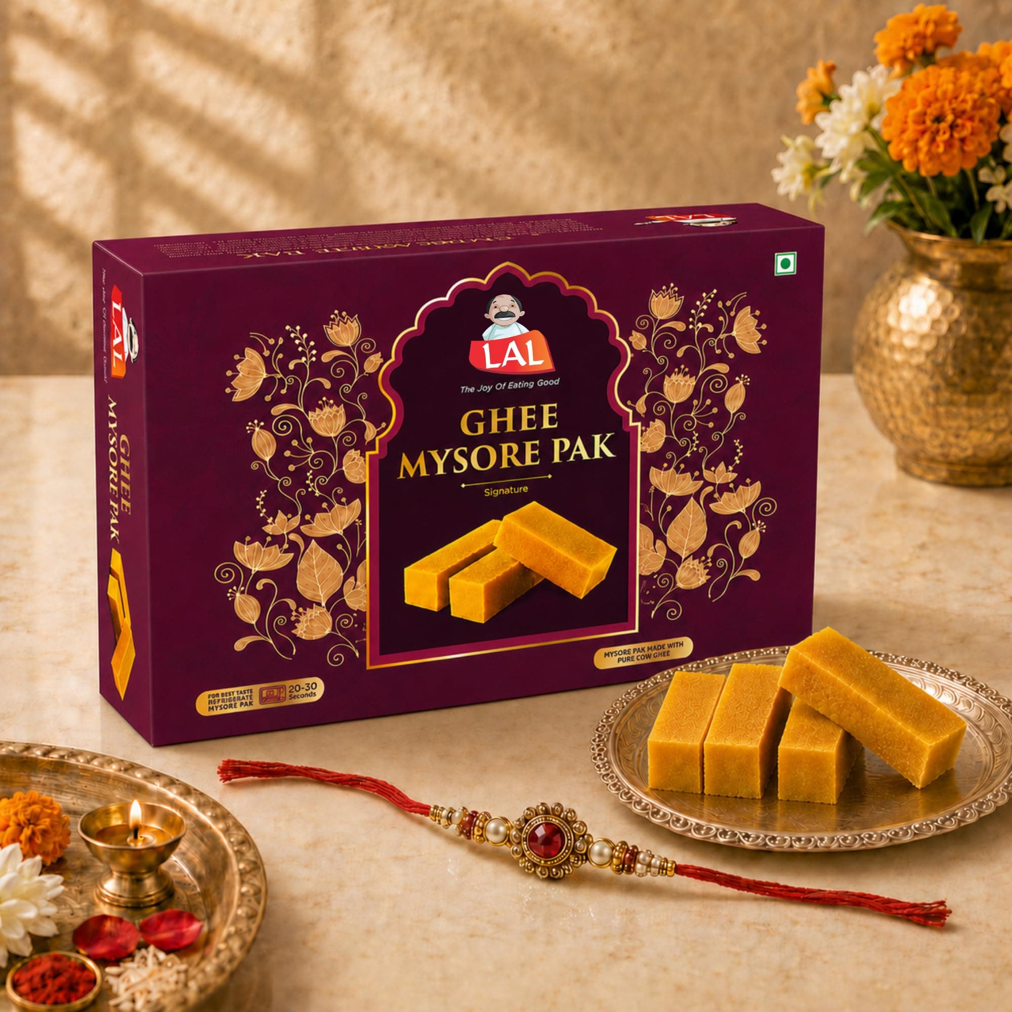 Lal Sweets Mysore Pak Signature 800g with Rakhi | Rakhi Sweet Box, Sweet Gift for Brother & Sister, Raksha Bandhan Mithai Pack, Premium Indian Sweets Gift Box, Desi Ghee Festive Mithai