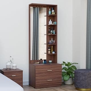 FURNIFLIX Engineered Wood Dressing Table with Mirror and Storage | Engineered Wood Dressing Table with 5 Shelves & 2 Drawer, Vanity Table for Bedroom, Living Room, and Home - Walnut Finish