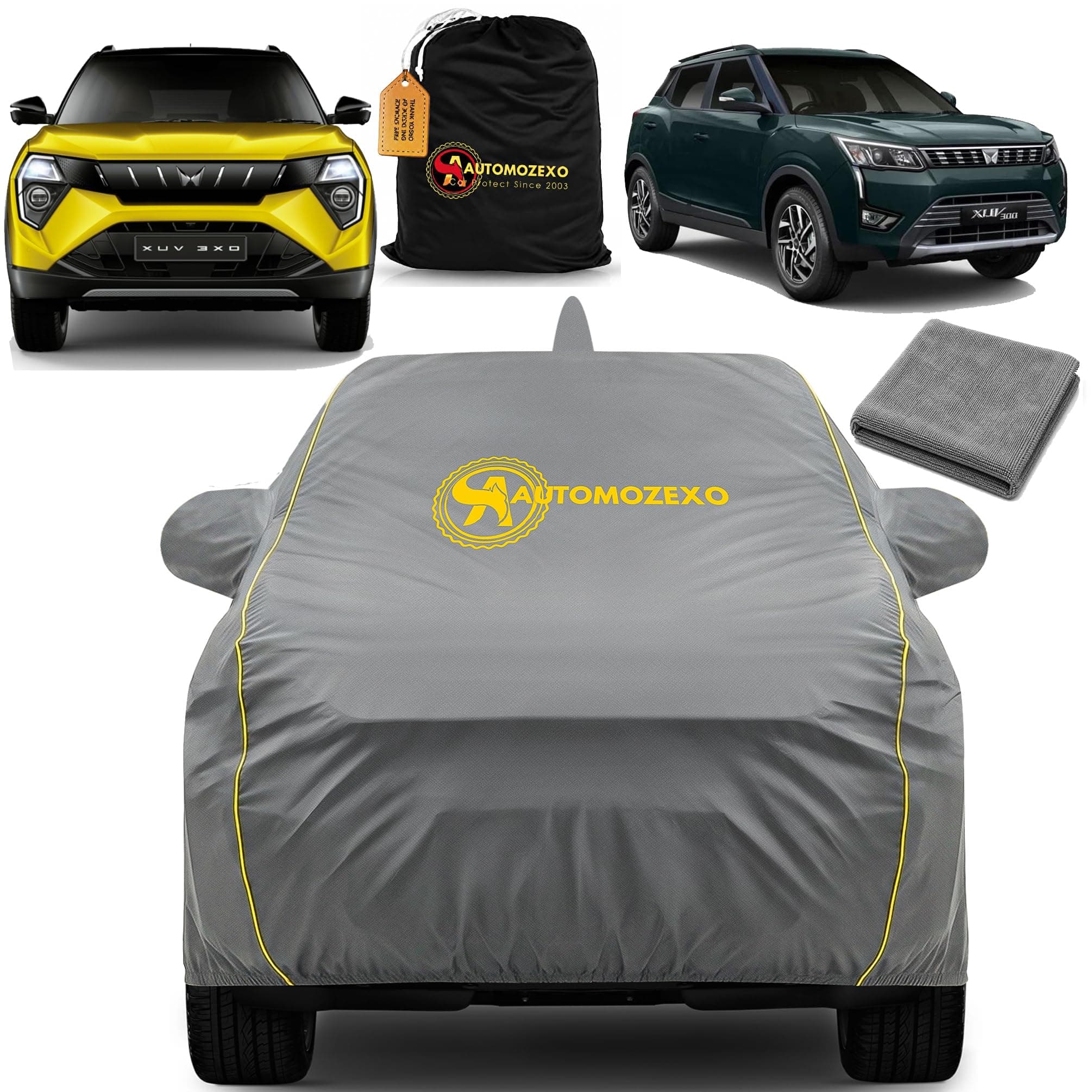 AUTOMOZEXO XUV 300 100% Waterproof Car Cover for All Weather Protection with Mirror & Antena Pocket Inner Cotton Triple Stitched Cover with Adjustable Belt Bottom Elastic to Secure Fit -Grey