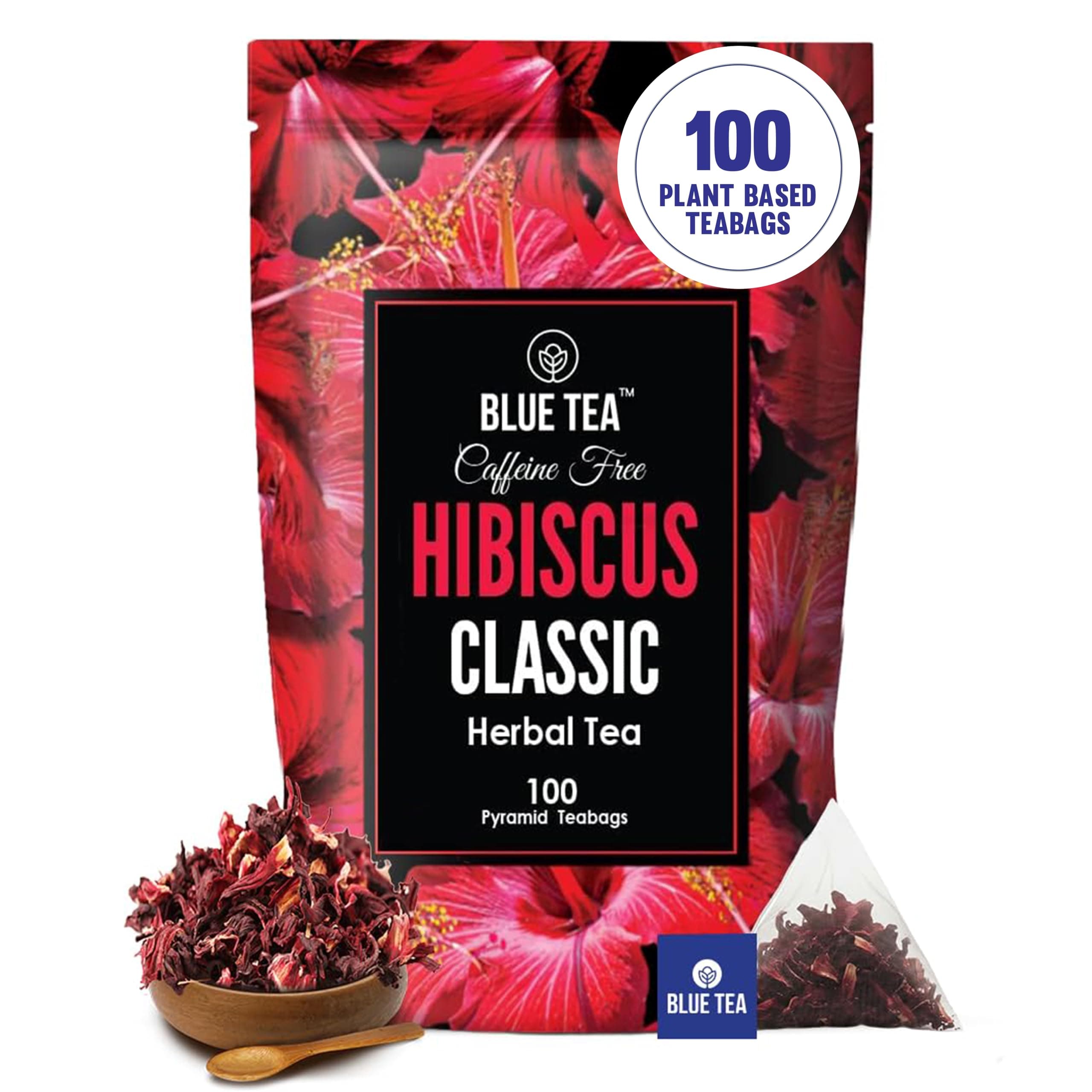 BLUE TEA - Hibiscus Tea - Classic - 100 Tea Bags - Plant Based | SKIN GLOW ENHANCING TEA | Vitamin-C Rich | Tangy Taste - Flower Based - Herbal Tea - Gluten Free | Ziplock Pouch