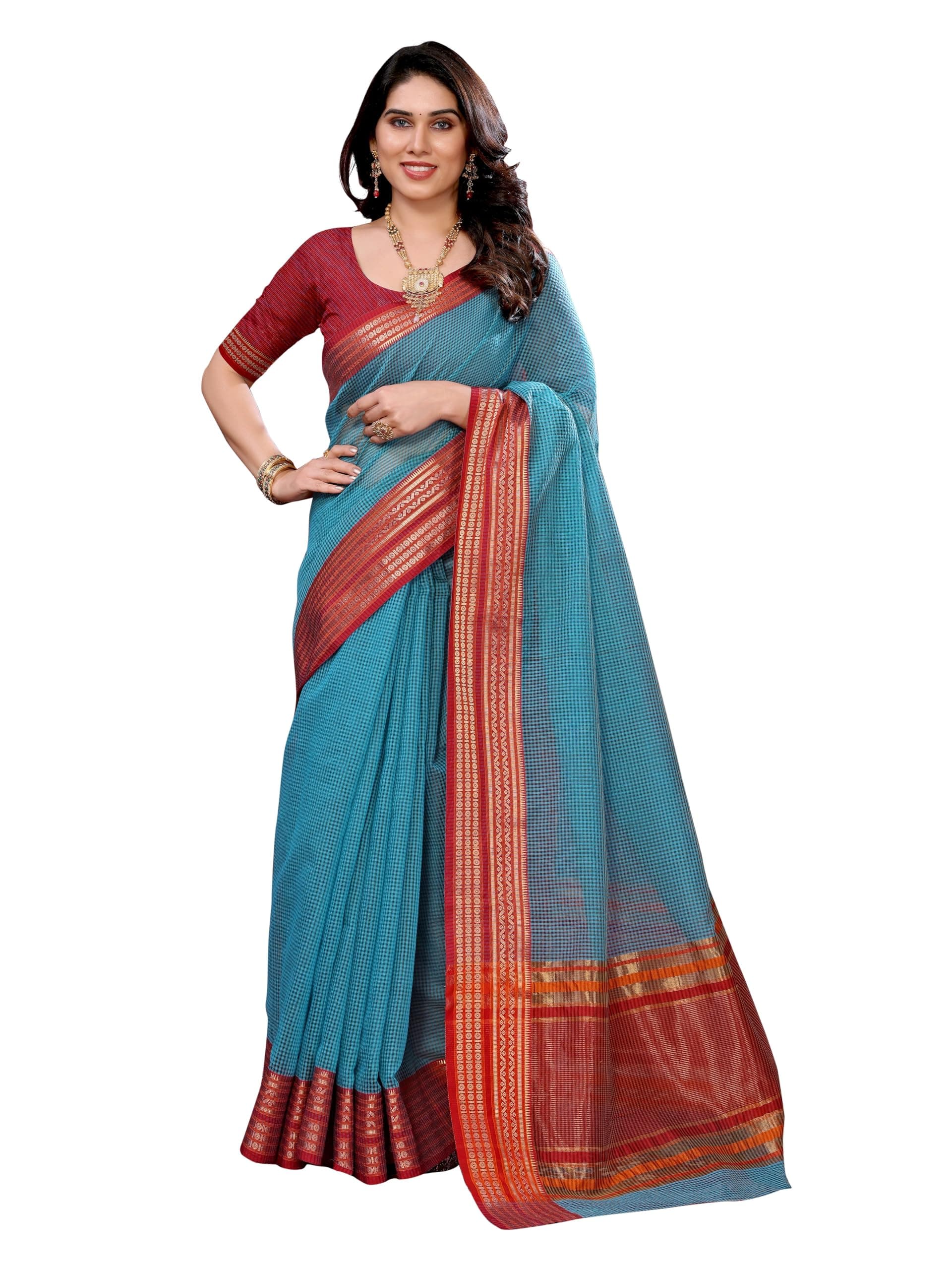 Sidhidata Women's Kota Doria Cotton Manipuri Checks Saree With Unstitched Blouse Piece (Lungi)