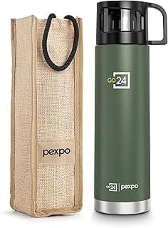 Go24 pexpo Water Bottle 1 LTR, Stainless Steel, ISI Certified, Hot & Cold Flask with Jute Bag | 3 Layer Insulation | 2 Year Warranty | for School, Office, Travel & Picnic | Fererro | Military Green
