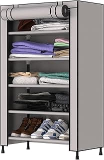 MYARMOR 1 Door Multipurpose Foldable Wardrobe for Clothes, Multipurpose Cupboard for Storage Rack Cabinet, Foldable, Collapsible Fabric Wardrobe Organizer for Clothes, 1-Door, 5 Shelves/Cabin - Grey