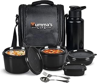 Mumma's LIFE Lunch Box for Office Use – Microwave Safe 3-Container Tiffin Box for Men (250ml, 400ml, 600ml) with BPA-Free Lids, 130ml Pickle Box, 750ml Steel Bottle, Insulated Bag & Steel Cutlery