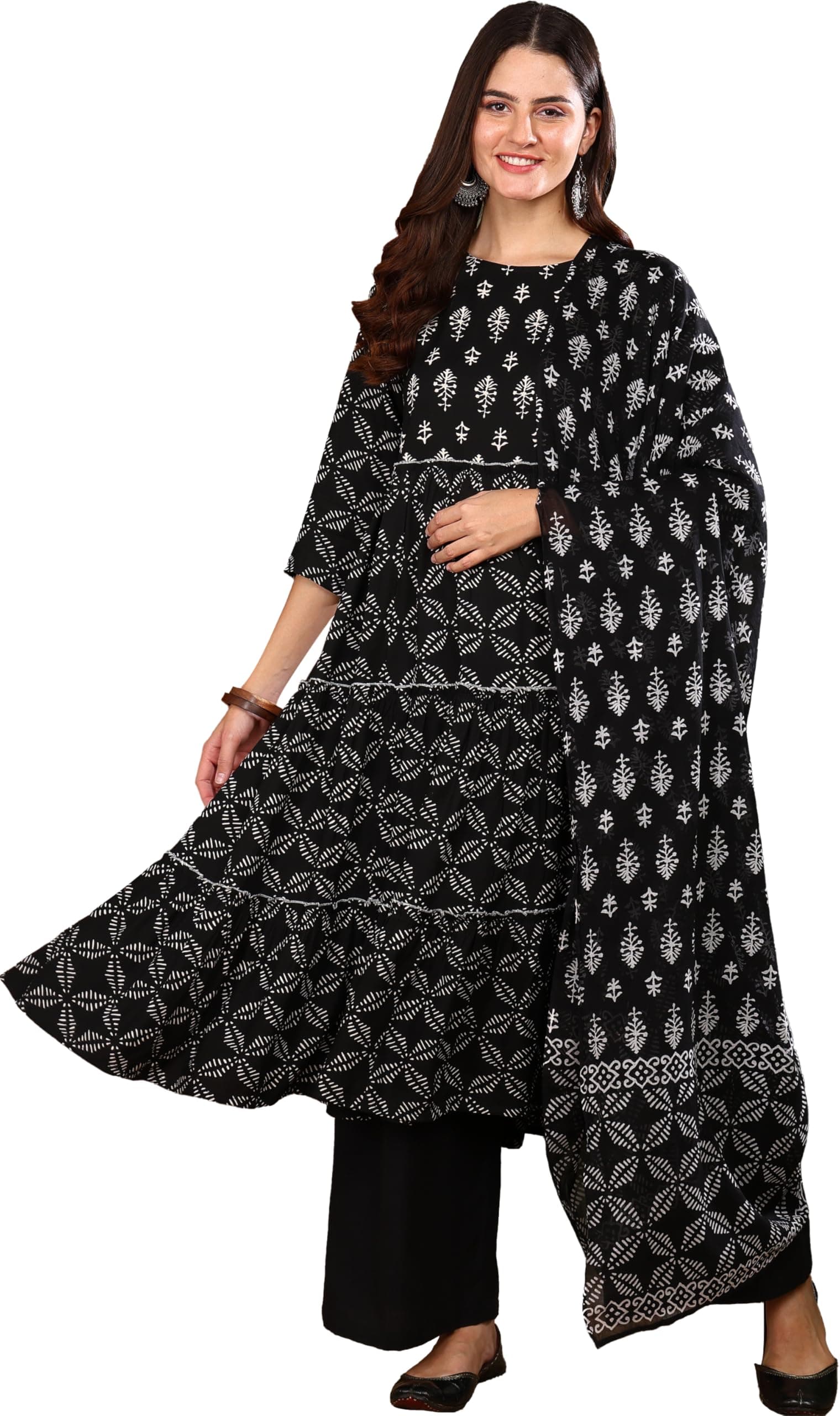 Yash Gallery Women's Rayon Staple Knee Length 3/4th Sleeve Round Neck Floral Print Anarkali Kurta with Dupatta