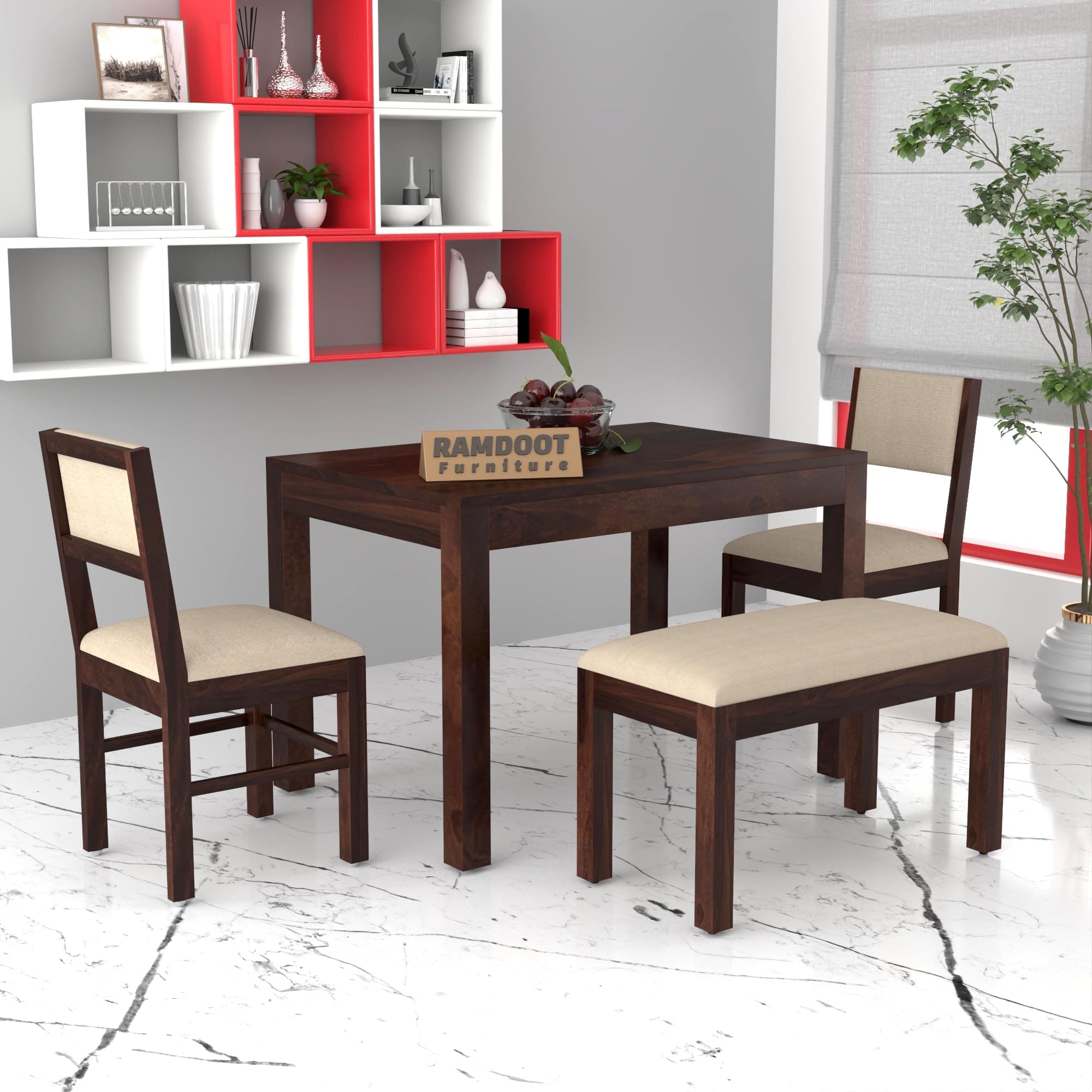 Solid Sheesham Wood 4 Seater Dining Table Set | Four Seater Dinner Table with 2 Cushions Chairs & 1 Bench | Dinning Table Set 4 Seater for Living Room | Wooden Table & Chair Set | Walnut Finish