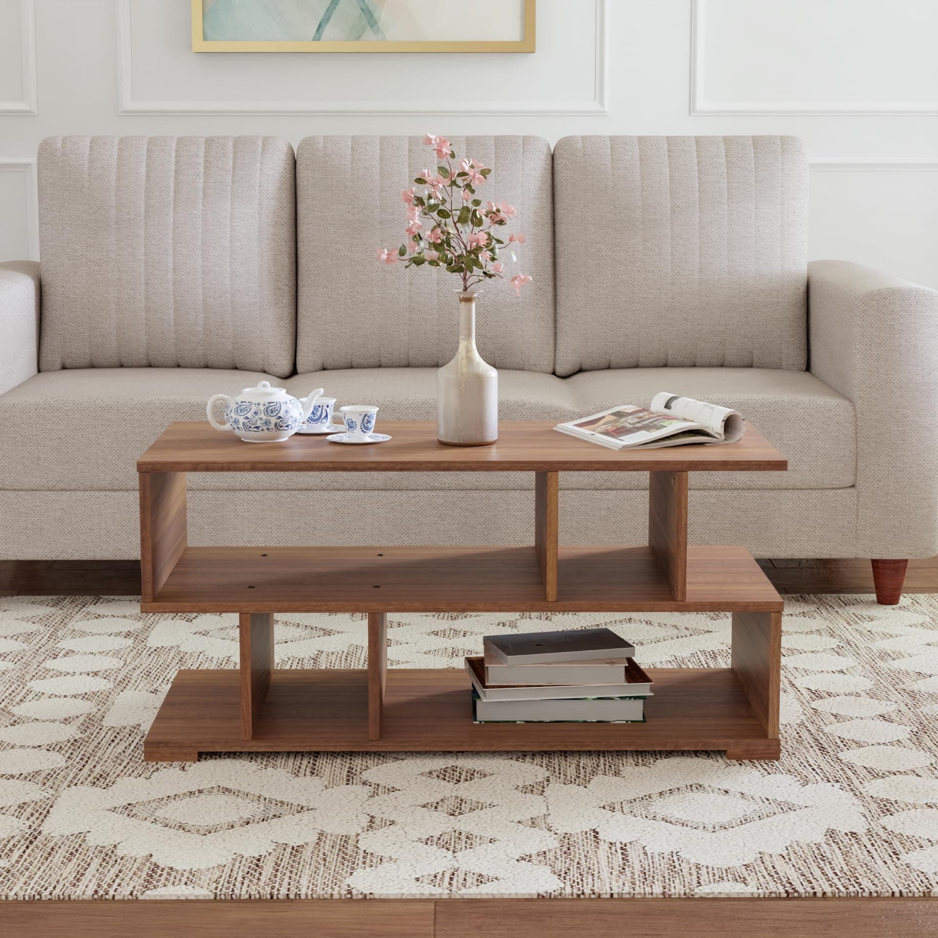 NEUDOT Fiddle Multipurpose Engineered Wood Coffee Table| Center Table with Storage for Drawing Room and Office for Living Room - (Finish - Leon Teak,Knock Down)