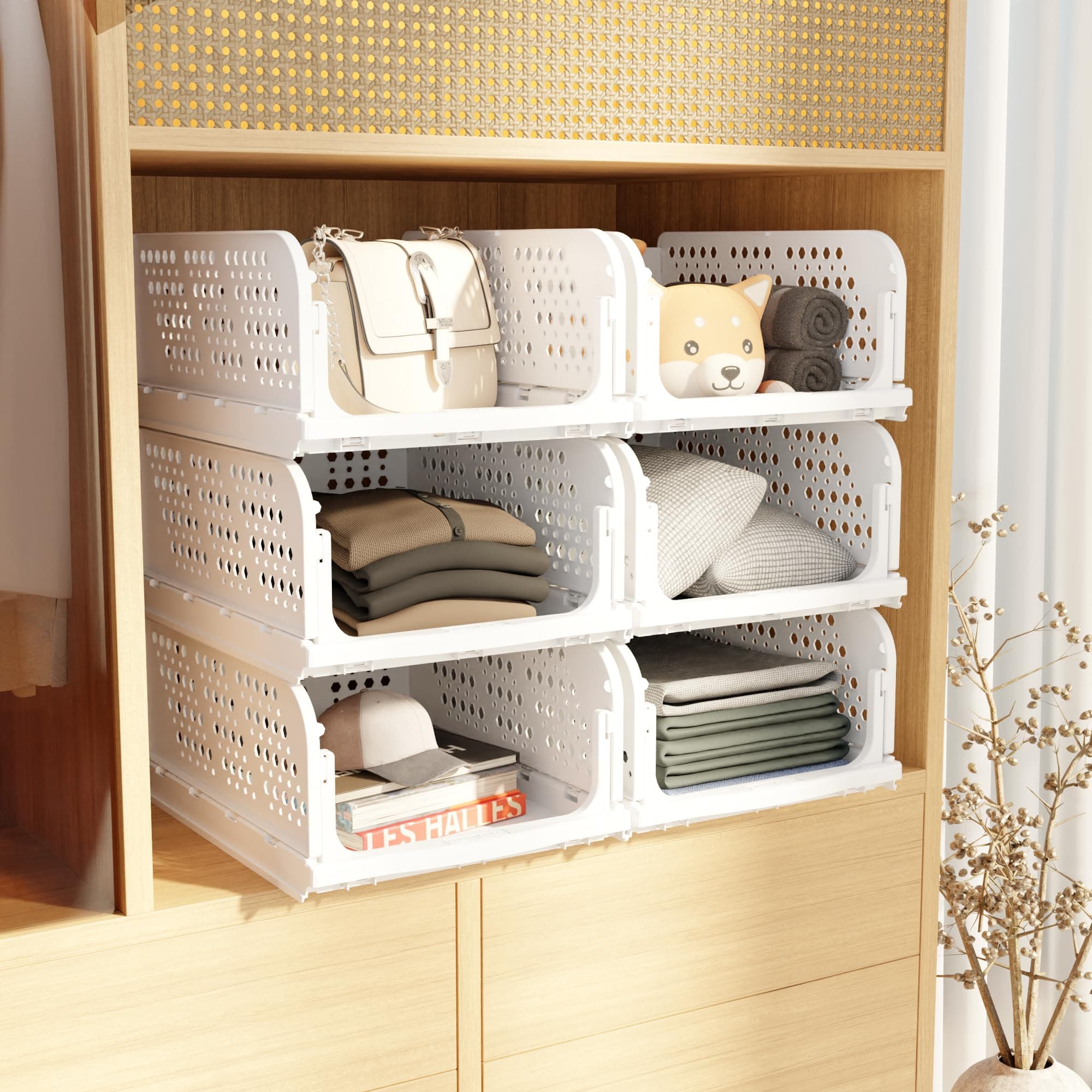 Amazon Basics Clothes Organizer for Wardrobe | Foldable & Stackable Closet Organizer| 6 Pieces| Shirt Storage Stacker for Wardrobe| 33L x 44W x 19H cm| Plastic| White