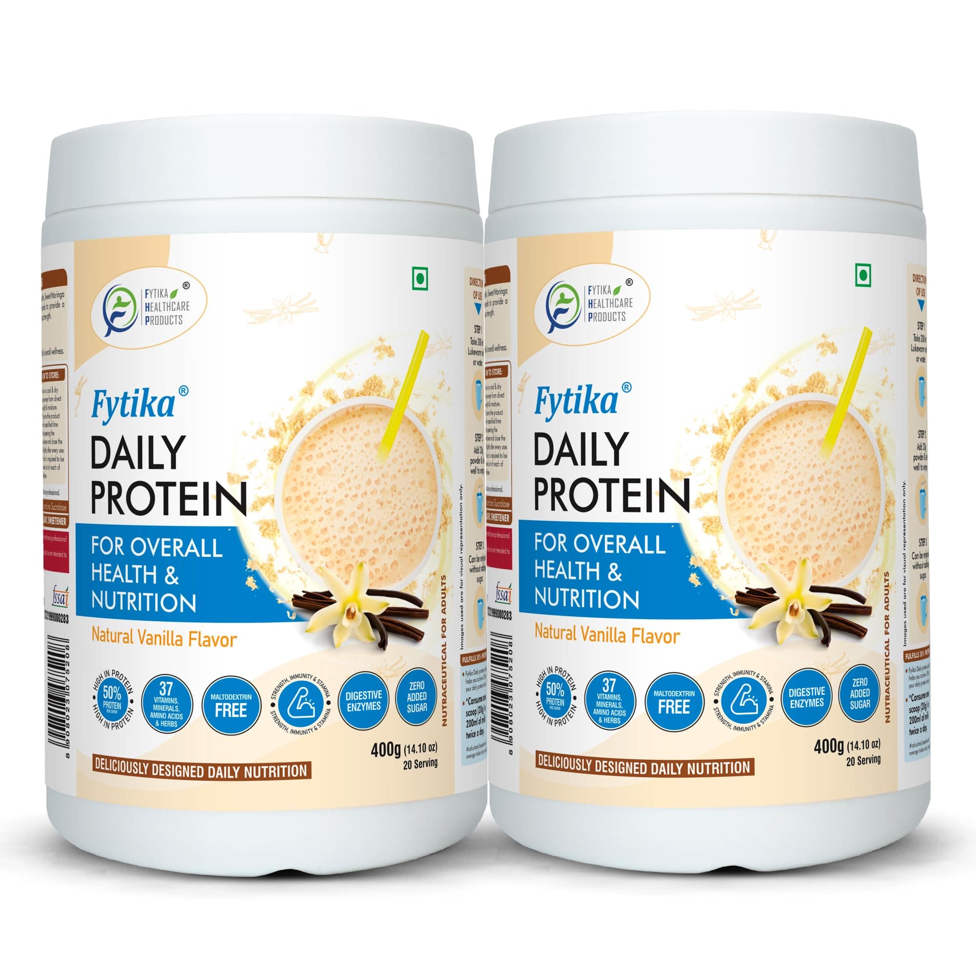 Fytika Daily Protein-400g (Pack of 2, Vanila) | Complete Nutrition Drink for Adults with 37 Essential Vitamins & Minerals | 50% Protein Per Serve | High Protein Drink for Men & Women