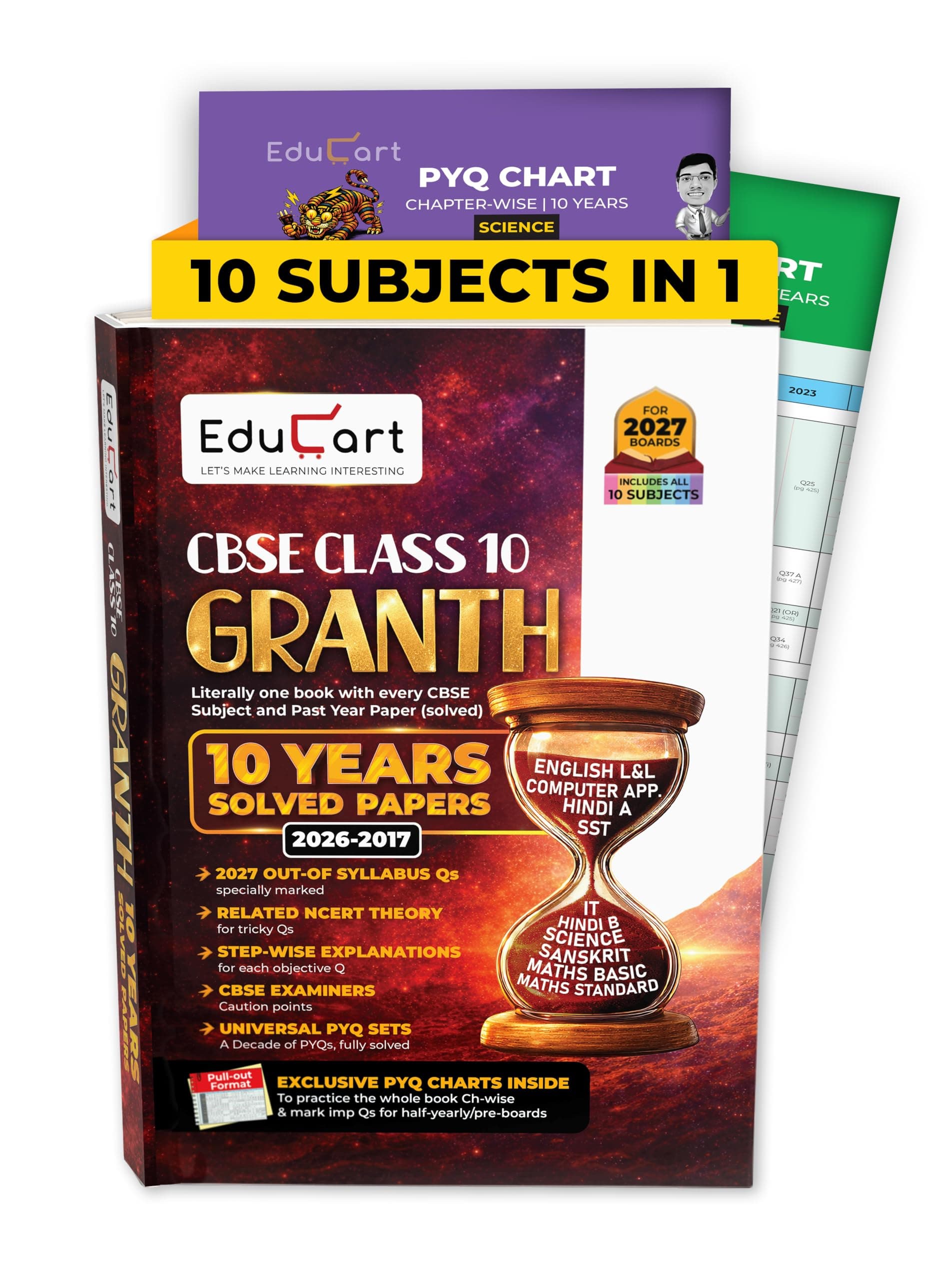 (10 subjects in 1) Educart Granth CBSE Class 10 Previous 10 Year Solved Papers 2027 - with PYQ Charts (Hindi A, Hindi B, English, Computer Apps, IT, ... Maths Basic, Social Science & Science)