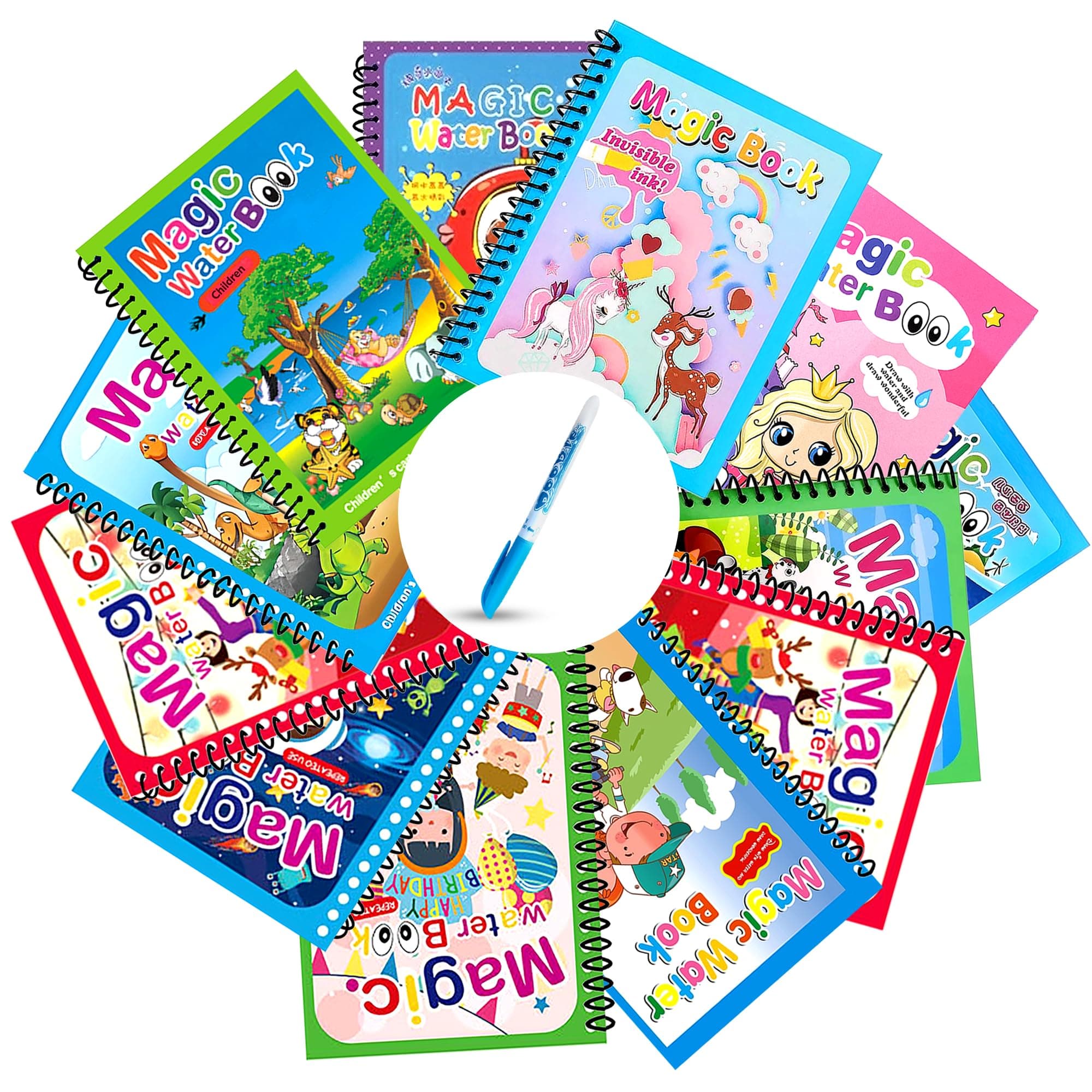 GLUN® 12 Piece Set Children's Cartoon Water Magic Painting Book with Magic Marker, Different Exploration Scenes