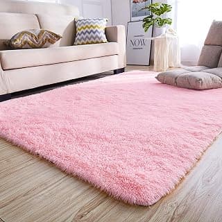 Naze Modern Polyester Anti Slip Shaggy Fluffy Rectangular Rug and Carpet for Living Room, Bedroom 4X6 Feet Pink