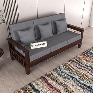 Sheesham Wooden 3 Seater Sofa for Living Room | Rosewood 3 Seater Cushion Sofa with Side Newspaper Holder for Home & Office | Solid Wood Sofa Set for Lounge (Walnut, 3 Seater)