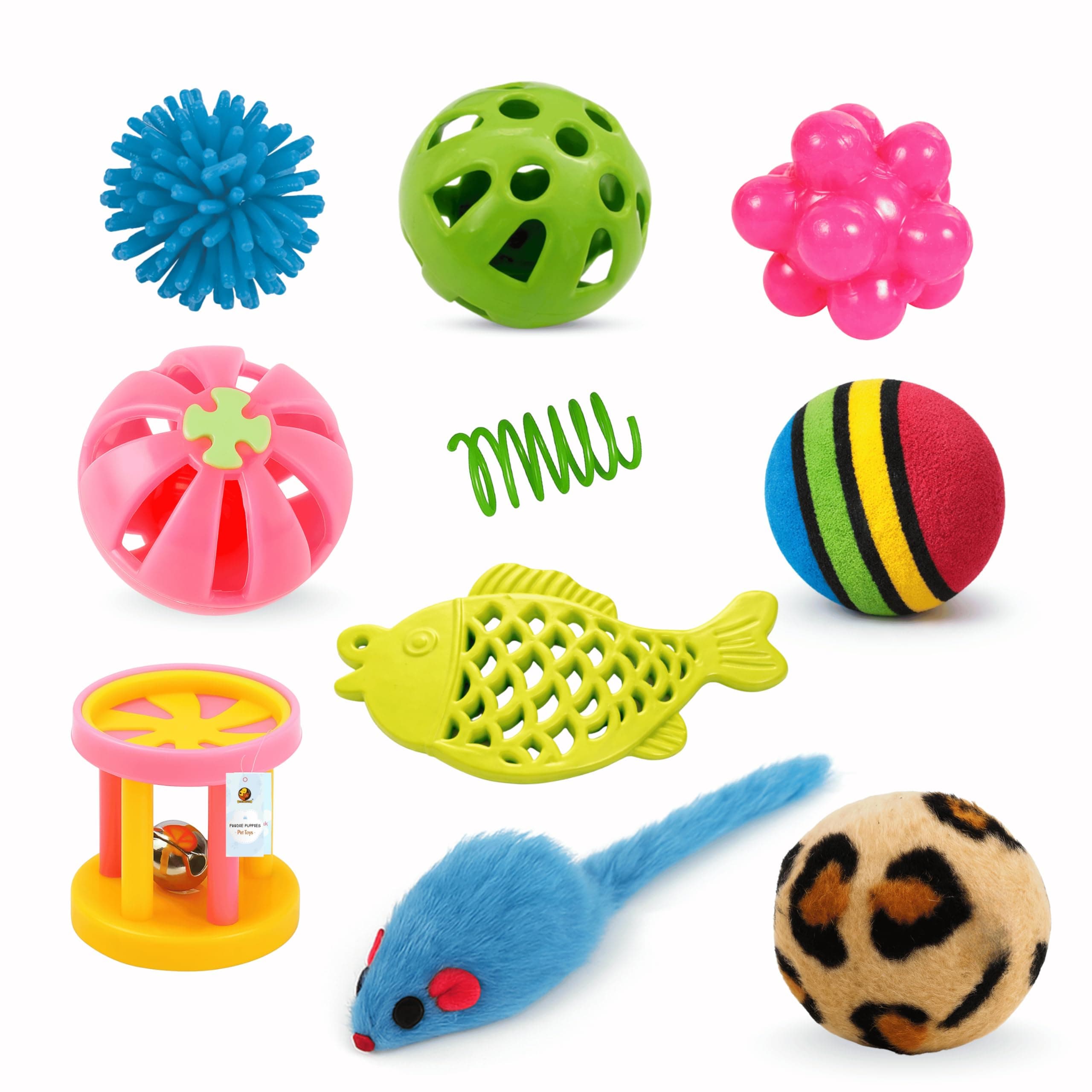 Foodie Puppies 10Pcs Interactive Cat Mini Toy Combo Set for Cats & Kittens - (Puffer, Mini Fish, Spring, Leopard Ball, Furry Mouse, Cylinder, Jingling, Rubber, Foam, & Bell Ball) Toy for Playing