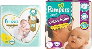 Pampers Premium Care Pants, Small Size Baby Diapers (SM), 70 Count, Softest Ever Pampers Pants & Active Baby Taped Diapers, Small Size Diapers, (SM) 92 Count, Taped Style Custom fit