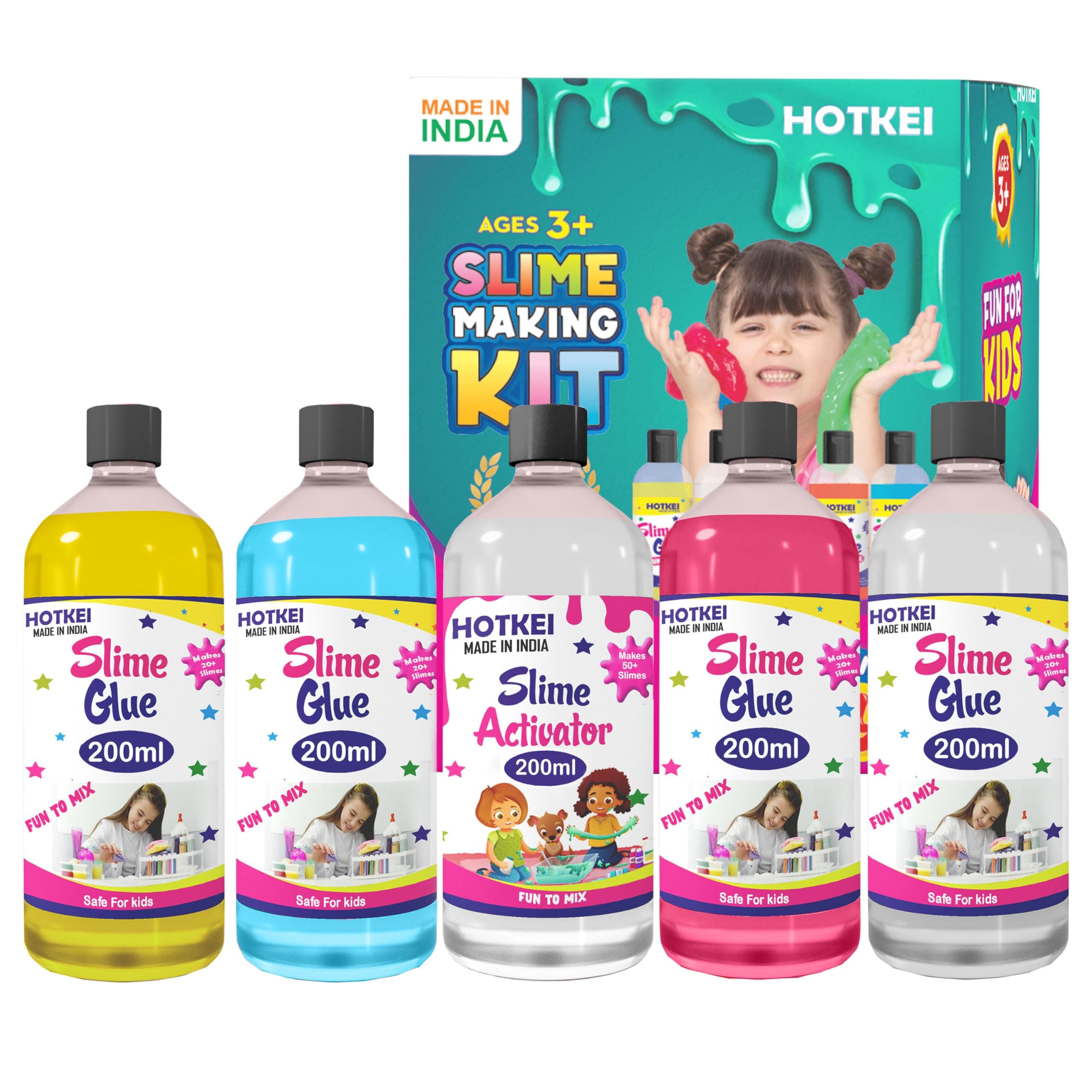 HOTKEI (Make 40+ slimes) Multicolor Scented DIY Magic Toy Slimy Slime Activator Glue Gel Jelly Putty Making kit Set Toy for Boys Girls Kids Slime Making Kit 4 Colored Glue 1 Activator 200 ml Each