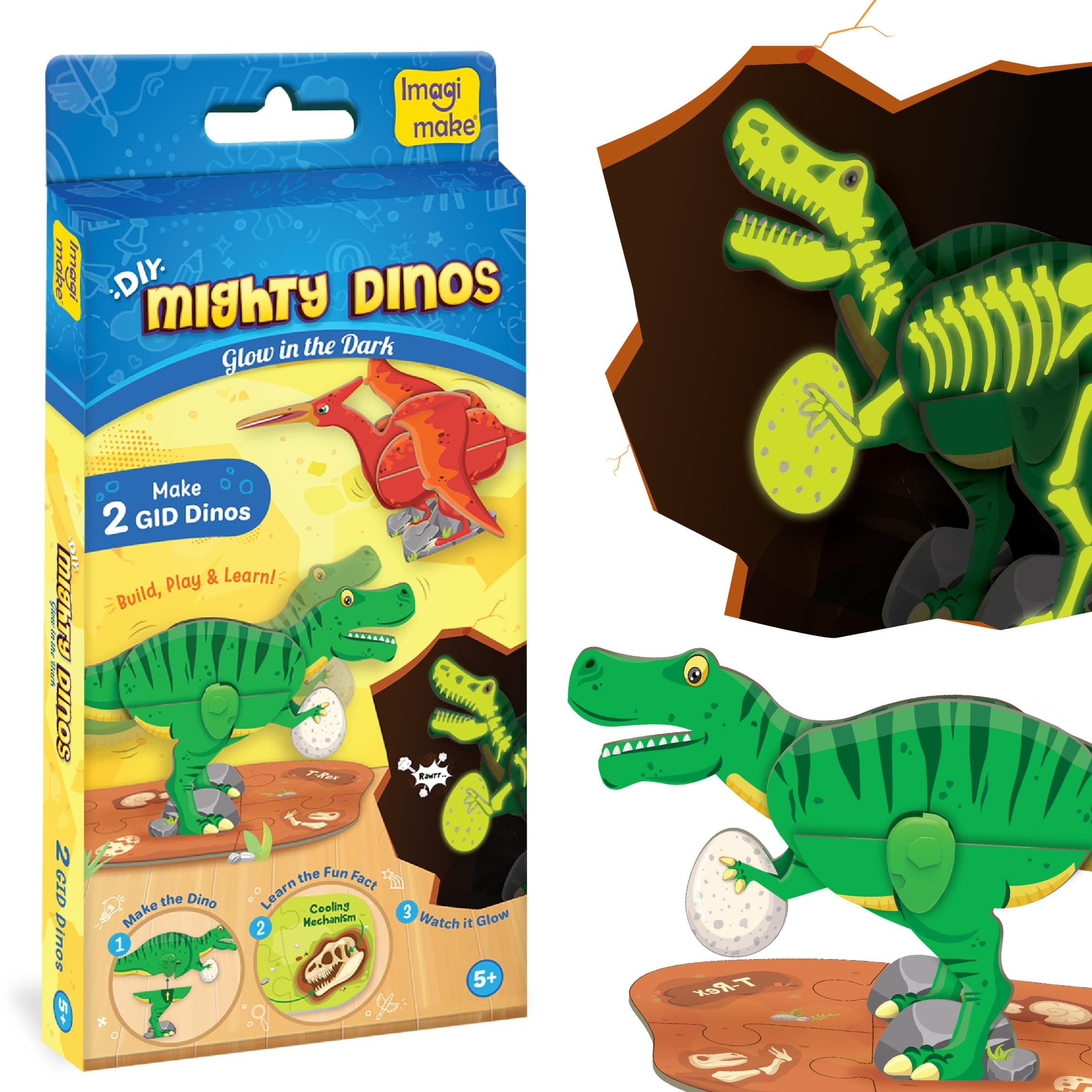 Imagimake DIY Mighty Dinos | DIY Return Gift | Puzzle for Kids Age 5+ | Build 2 glow-in-the-dark dinos—T-Rex & Pteranodon—from 10+ pieces; dual-sided fossil puzzle mat with dino facts