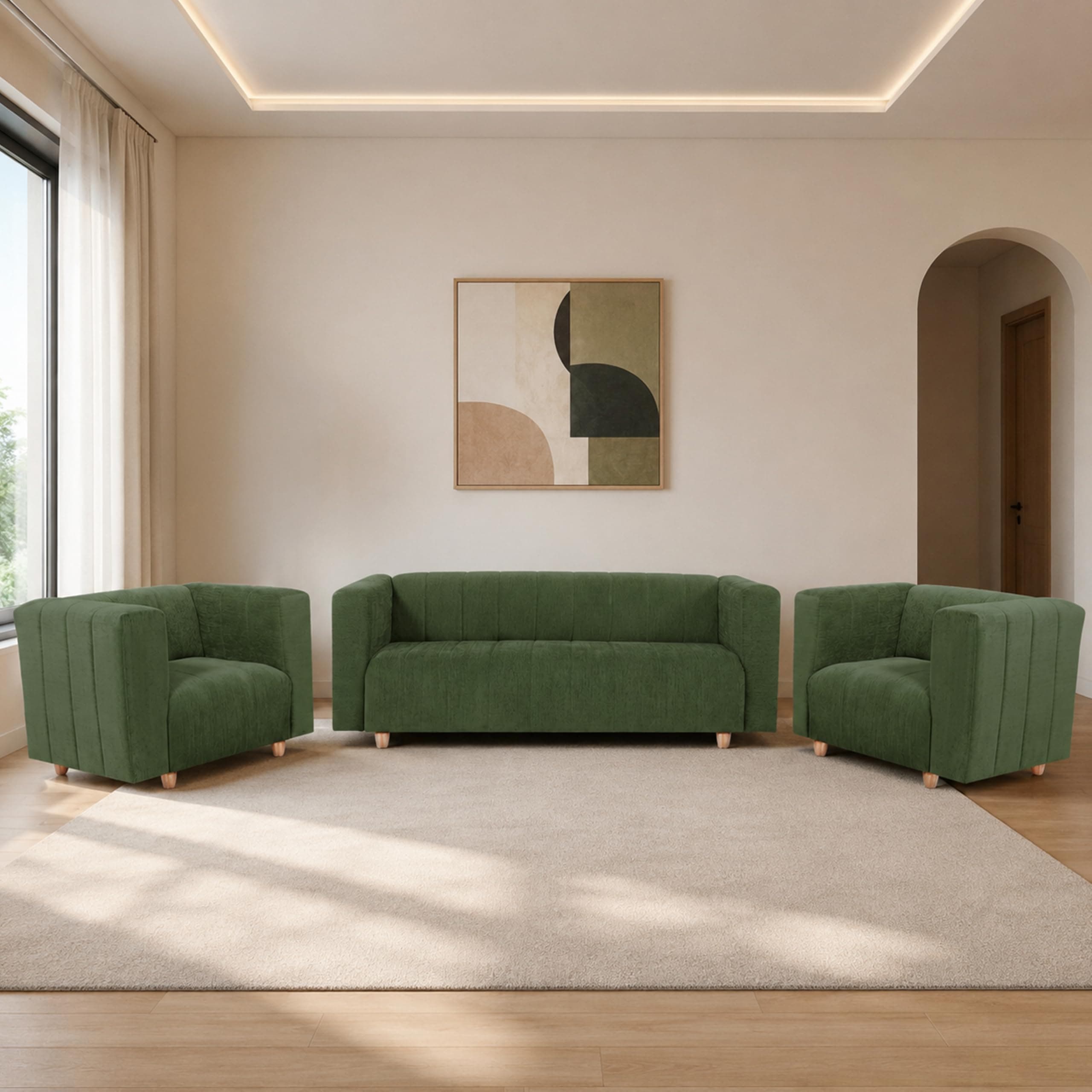 Seventh Heaven Tokyyo 3+1+1 Seater Sofa Set | Luxury Comfort | Extra Spacious | Stylish Wooden Frame | Elegant Couch for Living Room, Lounge & Office | Premium Seating (Chenille Molfino - Green)