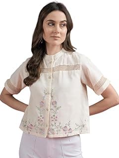 SheWill Women's Embroidered Cotton Shirt – Casual Chic, Regular Fit, 3/4 Sleeve, Machine Washable – Ideal for Office